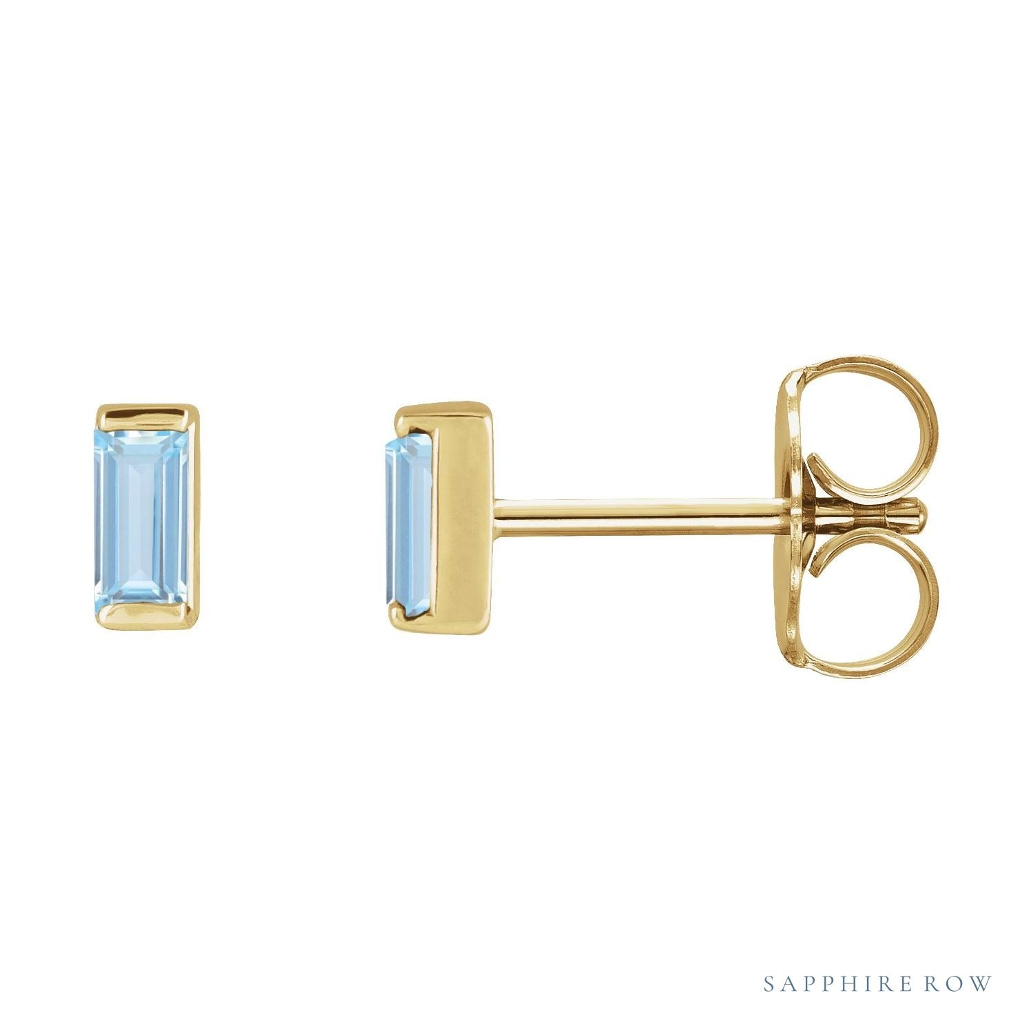 Sapphire Row Lab-Grown Gemstone Channel-Set Baguette Stud Earrings - Aqua Sapphire, 14K Yellow Gold