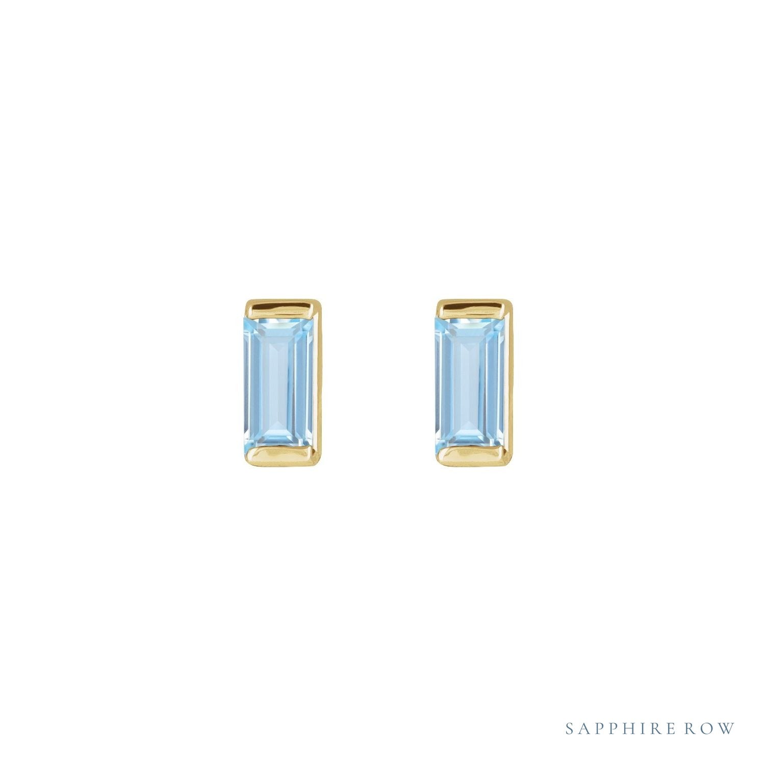 Sapphire Row Lab-Grown Gemstone Channel-Set Baguette Stud Earrings - Aqua Sapphire, 14K Yellow Gold (view 2)