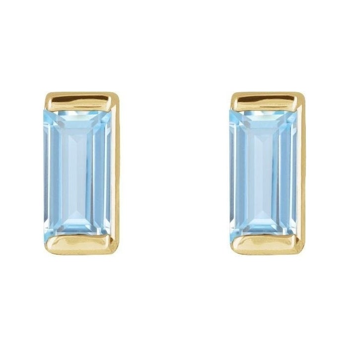 Sapphire Row Lab-Grown Gemstone Channel-Set Baguette Stud Earrings - Aqua Sapphire, 14K Yellow Gold (view 2)