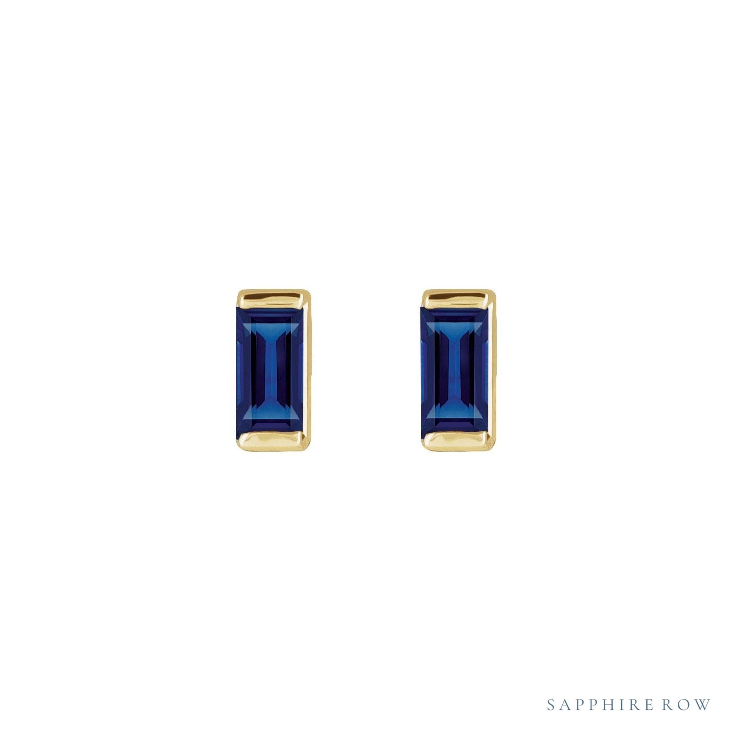 Sapphire Row Lab-Grown Gemstone Channel-Set Baguette Stud Earrings - Blue Sapphire, 14K Yellow Gold (view 2)