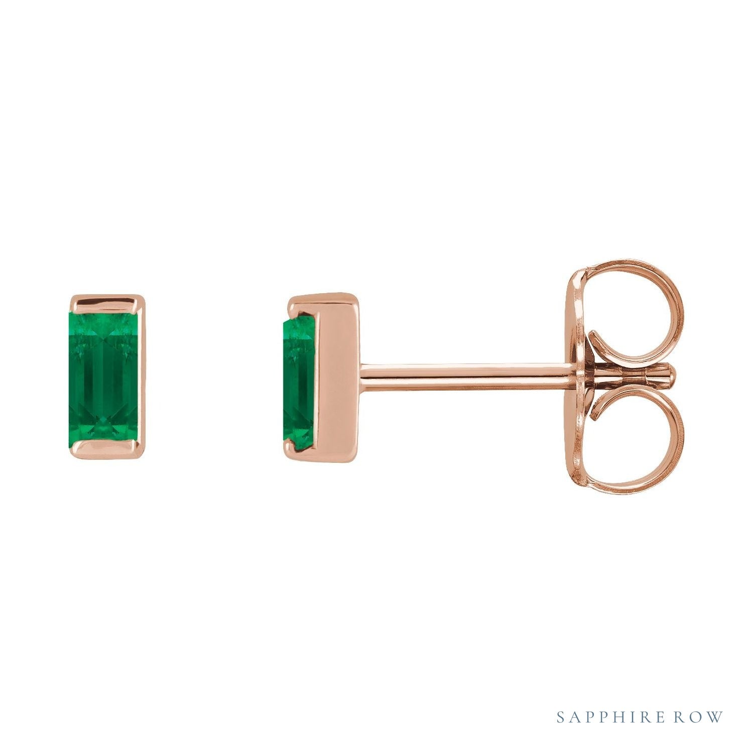 Sapphire Row Lab-Grown Gemstone Channel-Set Baguette Stud Earrings - Emerald, 14K Rose Gold