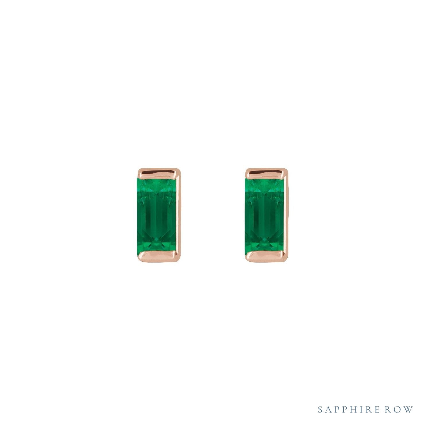 Sapphire Row Lab-Grown Gemstone Channel-Set Baguette Stud Earrings - Emerald, 14K Rose Gold (view 2)