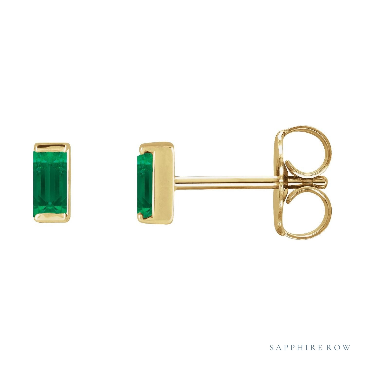Sapphire Row Lab-Grown Gemstone Channel-Set Baguette Stud Earrings - Emerald, 14K Yellow Gold