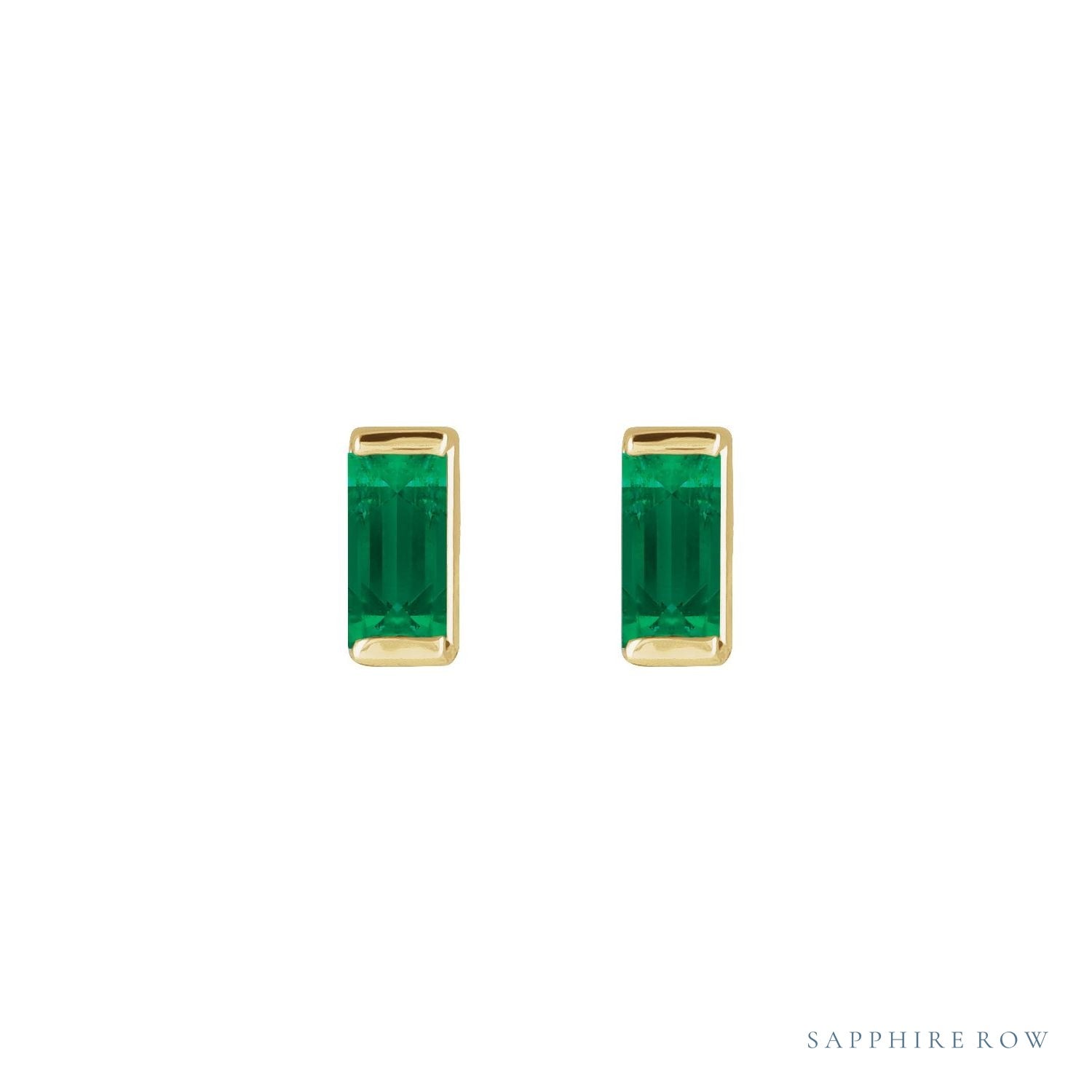 Sapphire Row Lab-Grown Gemstone Channel-Set Baguette Stud Earrings - Emerald, 14K Yellow Gold (view 2)