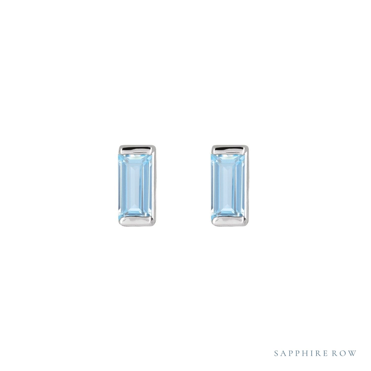 Sapphire Row Lab-Grown Gemstone Channel-Set Baguette Stud Earrings - Aqua Sapphire, Platinum (view 2)