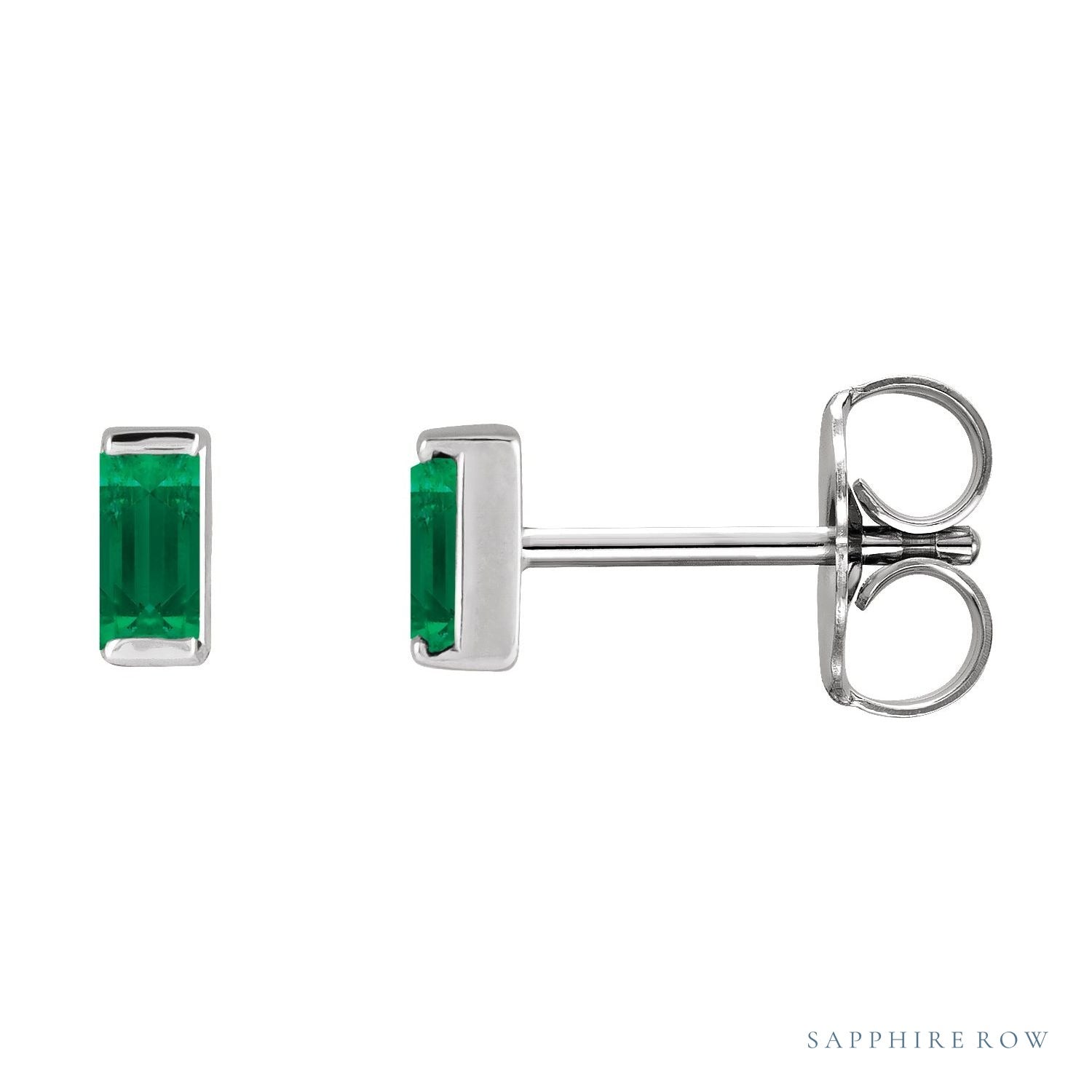 Sapphire Row Lab-Grown Gemstone Channel-Set Baguette Stud Earrings - Emerald, 14K White Gold
