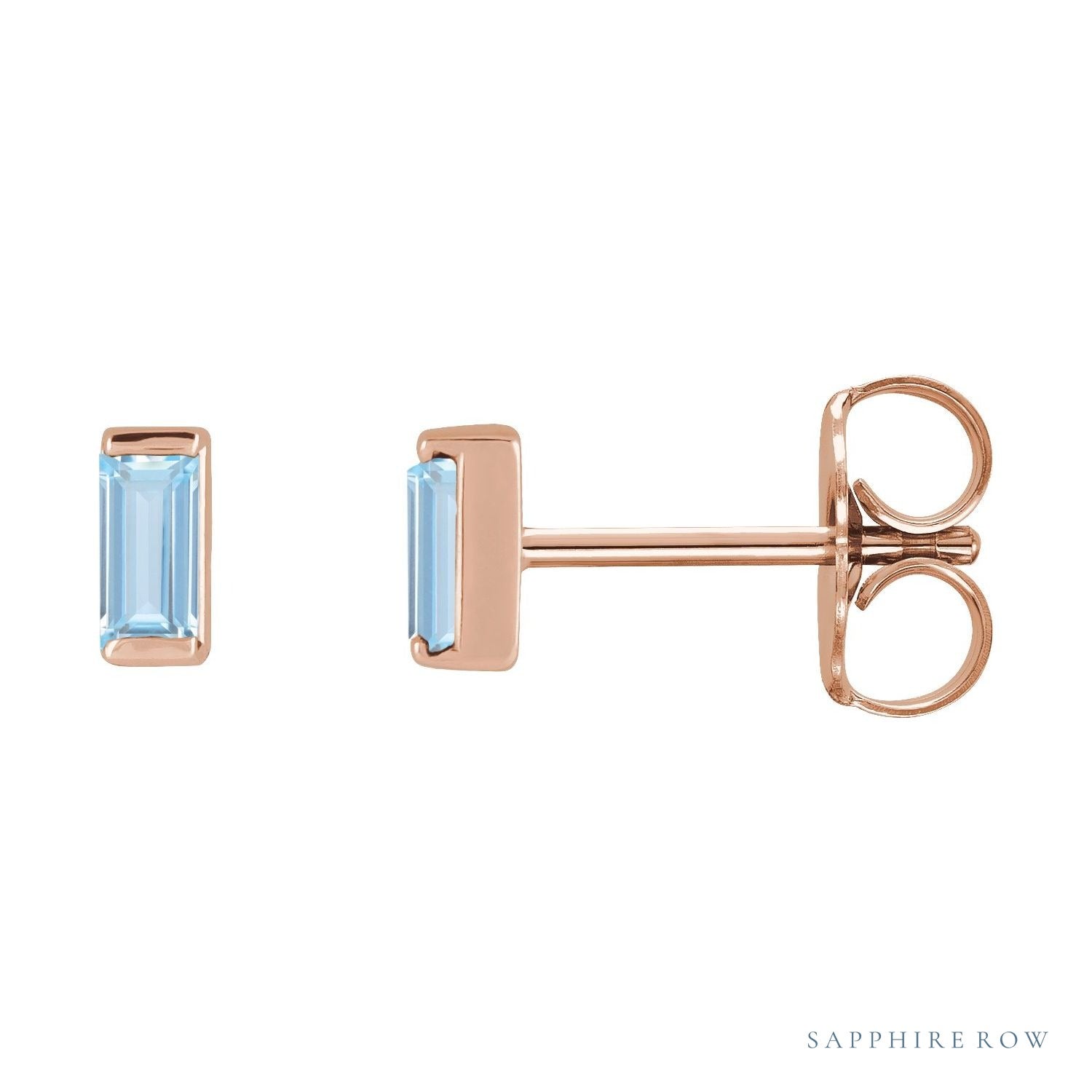Sapphire Row Lab-Grown Gemstone Channel-Set Baguette Stud Earrings - Aqua Sapphire, 14K Rose Gold