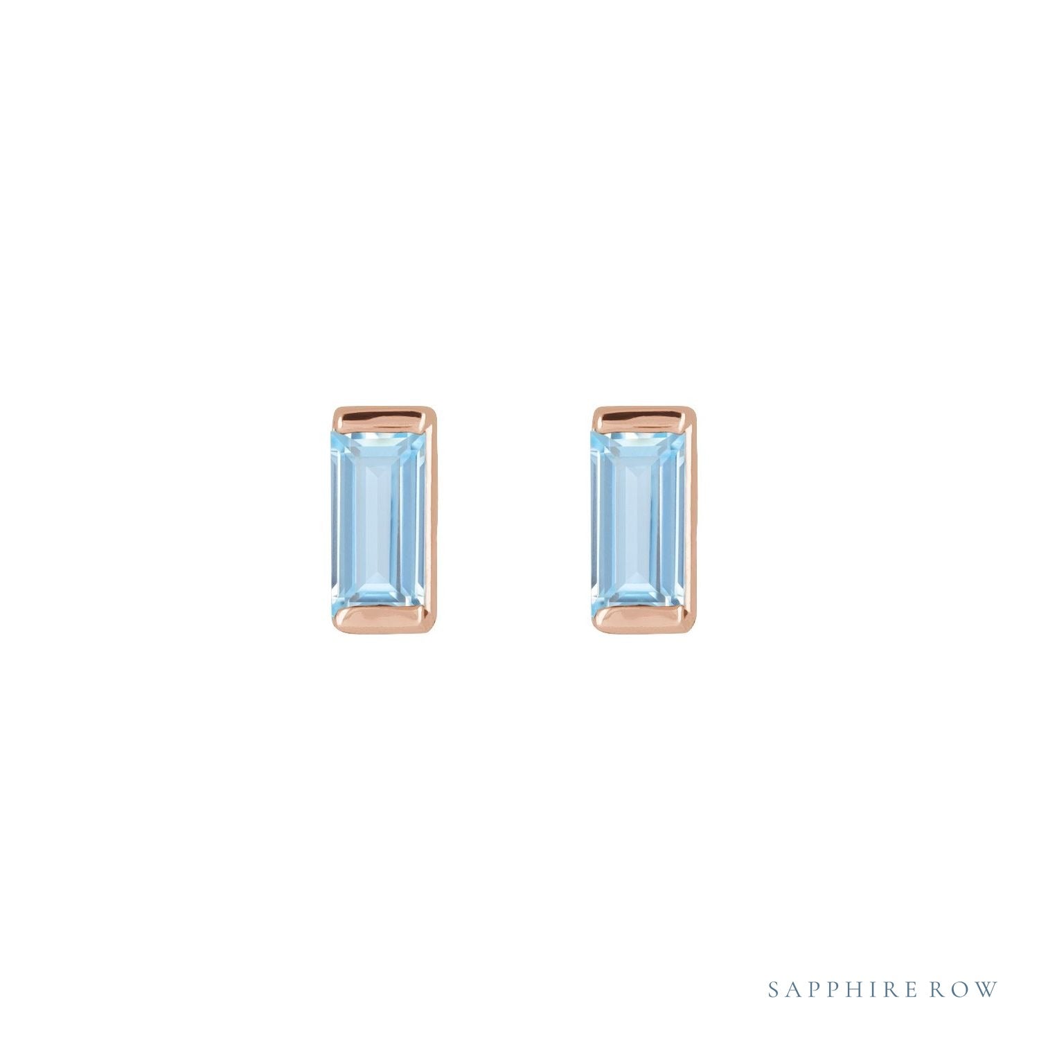 Sapphire Row Lab-Grown Gemstone Channel-Set Baguette Stud Earrings - Aqua Sapphire, 14K Rose Gold (view 2)