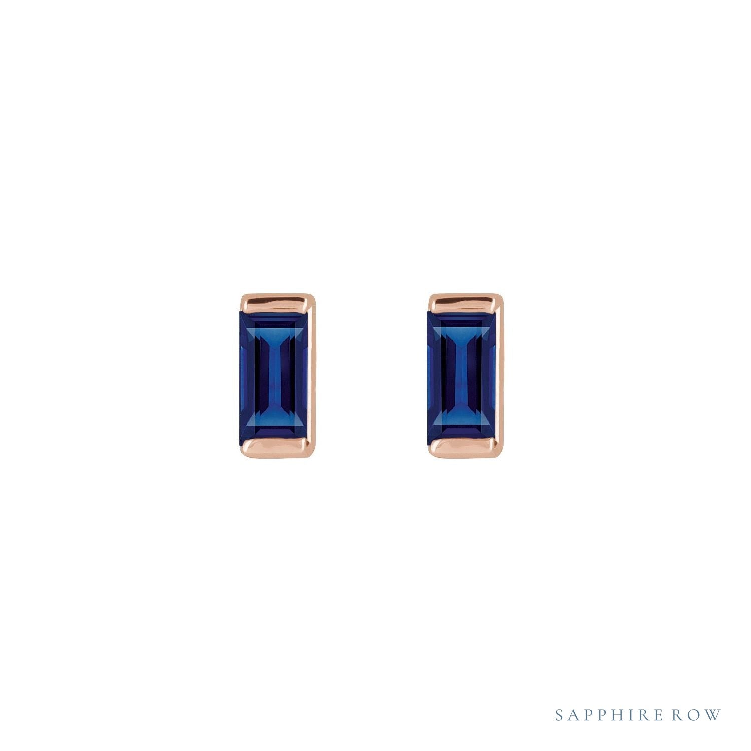 Sapphire Row Lab-Grown Gemstone Channel-Set Baguette Stud Earrings - Blue Sapphire, 14K Rose Gold (view 2)