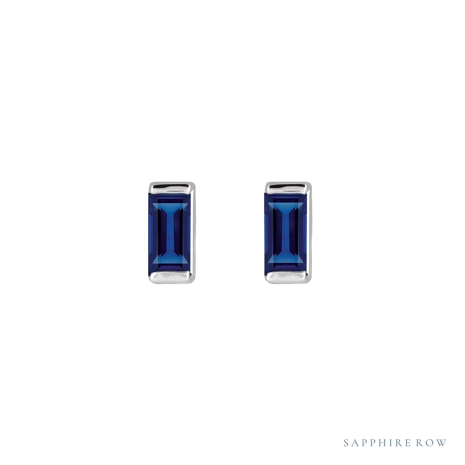 Sapphire Row Lab-Grown Gemstone Channel-Set Baguette Stud Earrings - Blue Sapphire, 14K White Gold (view 2)