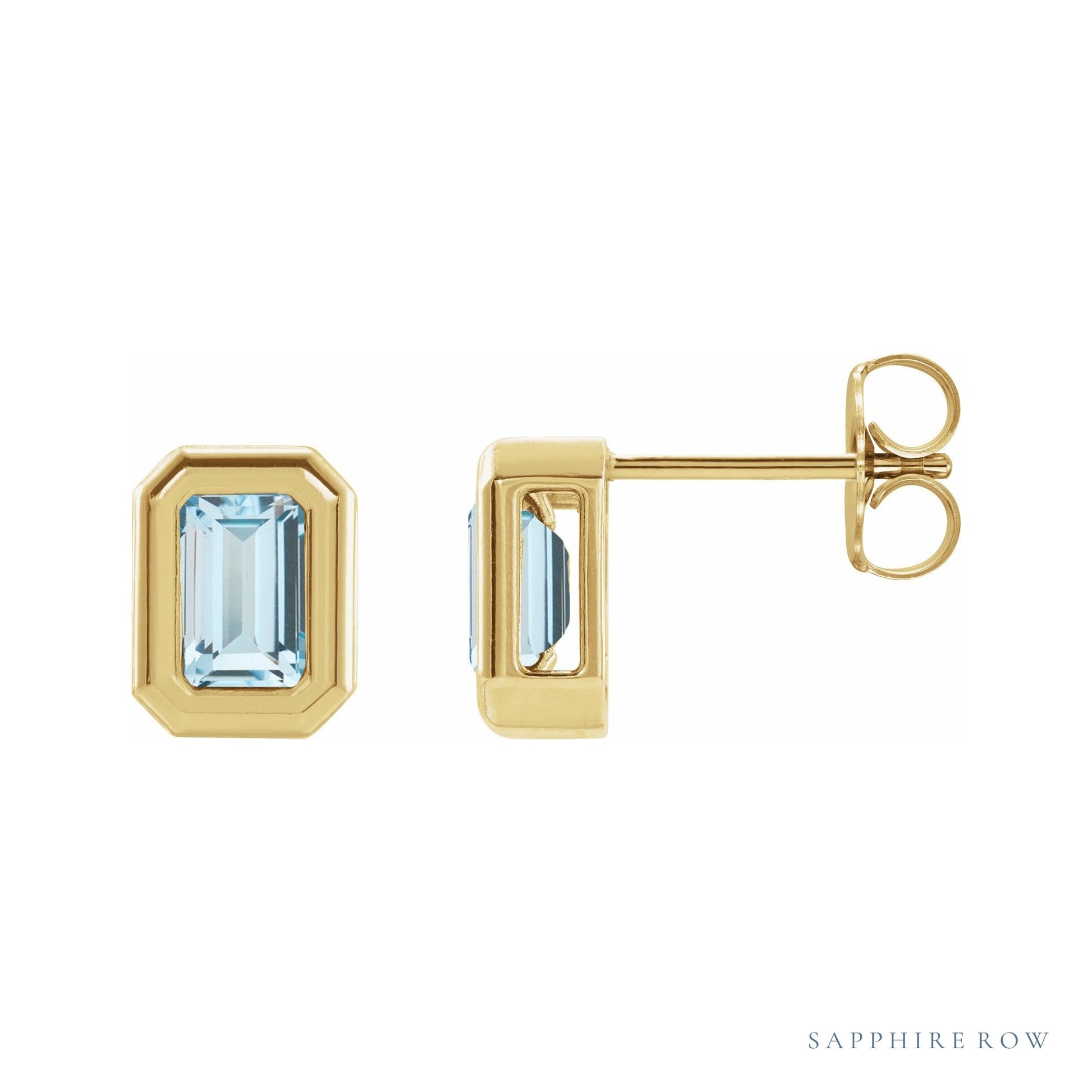 Sapphire Row Natural Gemstone Emerald-Cut Bezel Stud Earrings - Sky Blue Topaz, 14K Yellow Gold