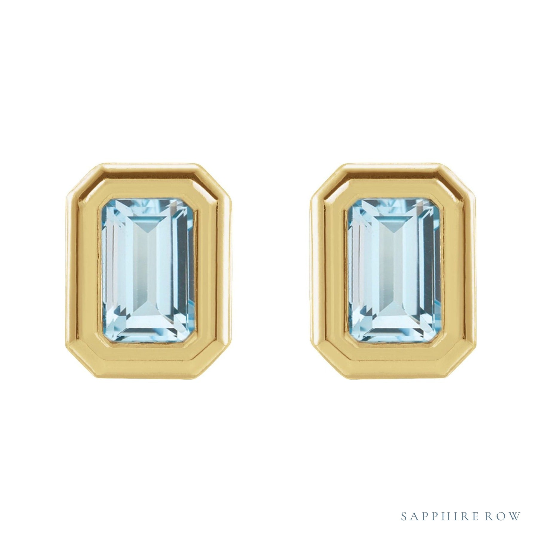 Sapphire Row Natural Gemstone Emerald-Cut Bezel Stud Earrings - Sky Blue Topaz, 14K Yellow Gold (view 2)