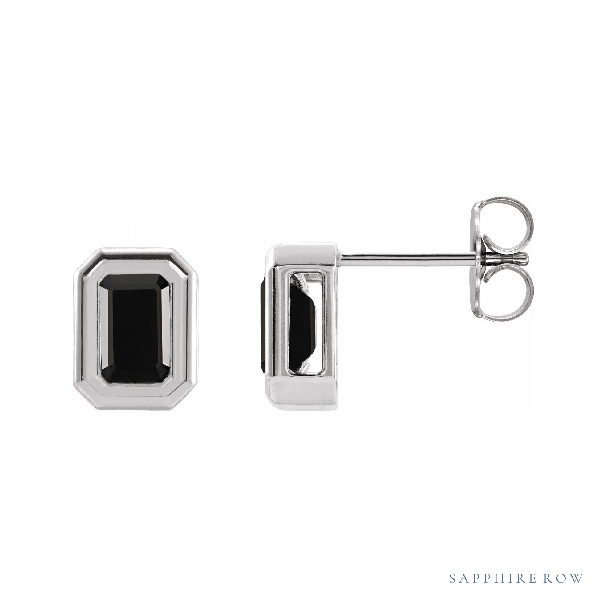 Sapphire Row Natural Gemstone Emerald-Cut Bezel Stud Earrings - Black Onyx, 14K White Gold
