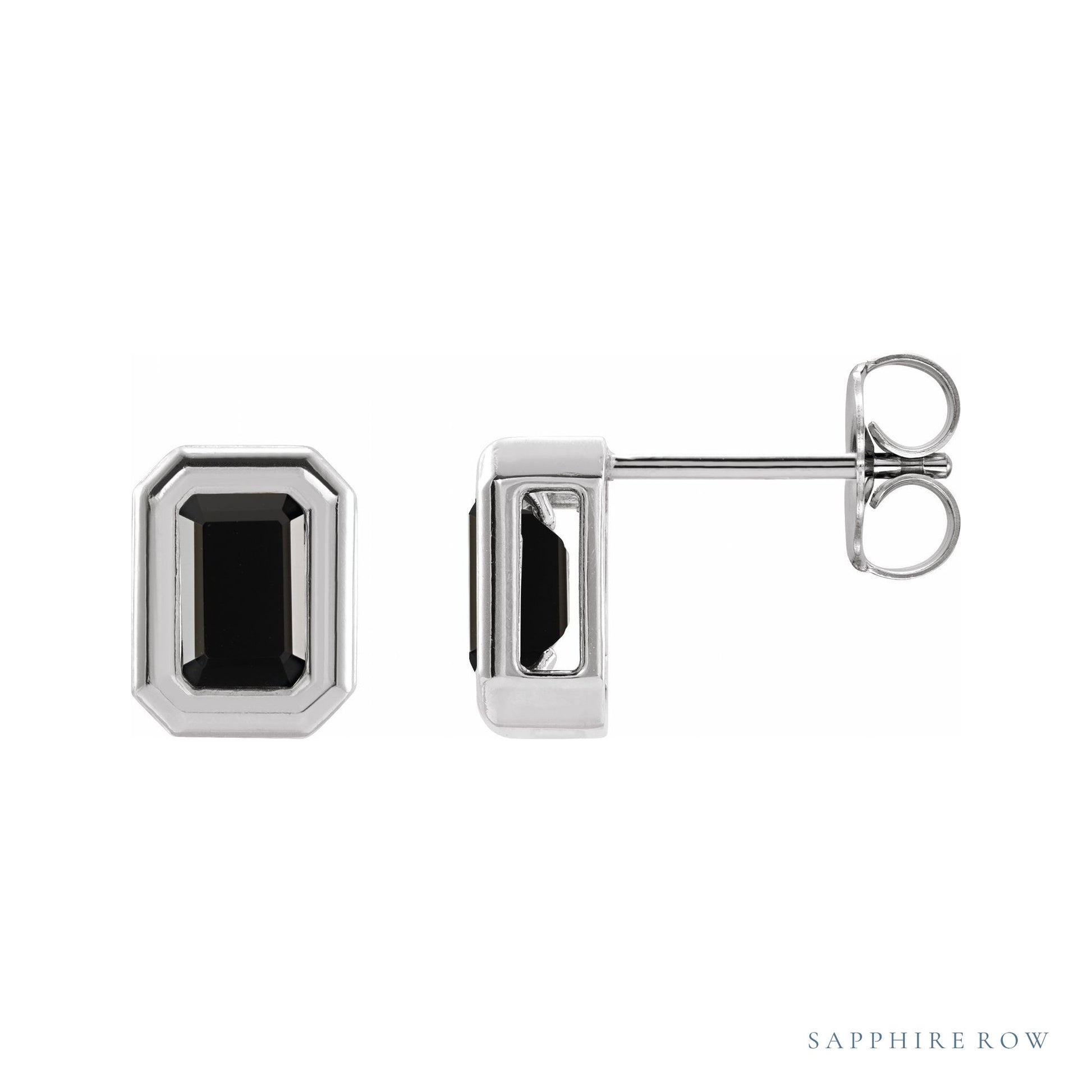 Sapphire Row Natural Gemstone Emerald-Cut Bezel Stud Earrings - Black Onyx, 14K White Gold