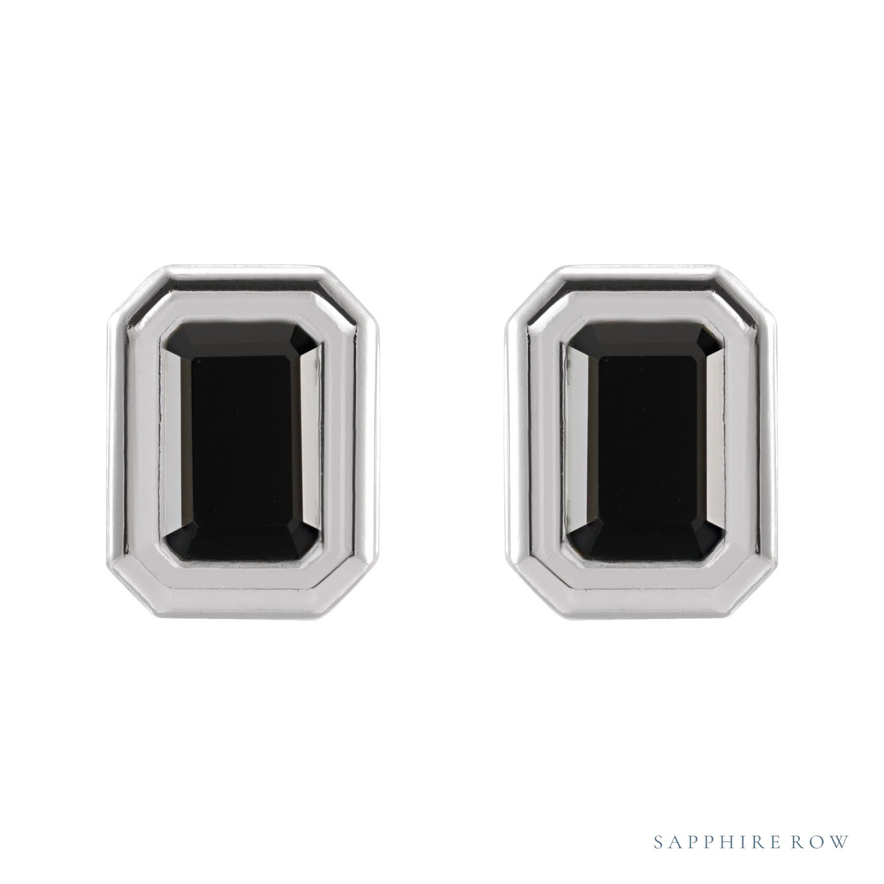 Sapphire Row Natural Gemstone Emerald-Cut Bezel Stud Earrings - Black Onyx, 14K White Gold (view 2)