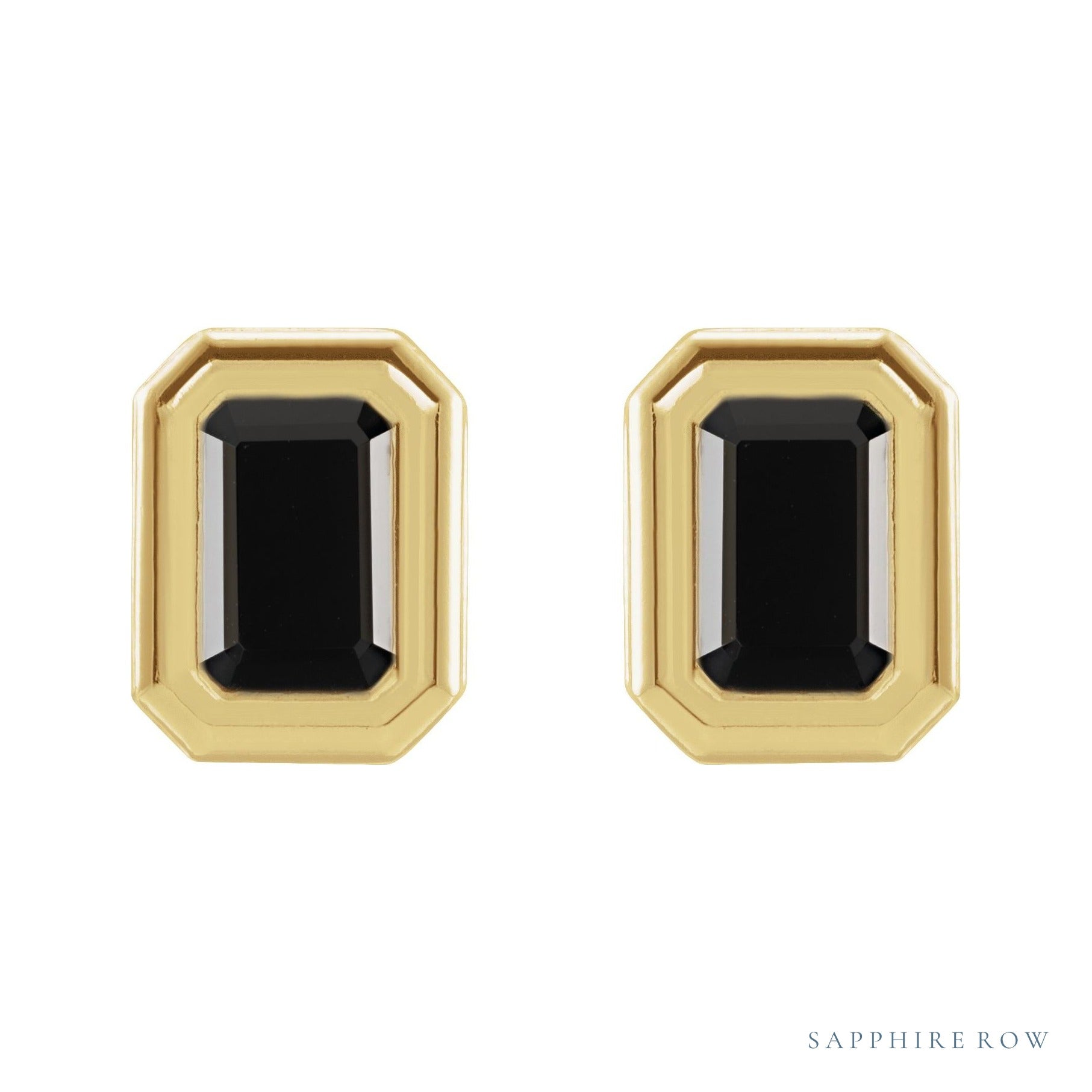 Sapphire Row Natural Gemstone Emerald-Cut Bezel Stud Earrings - Black Onyx, 14K Yellow Gold (view 2)