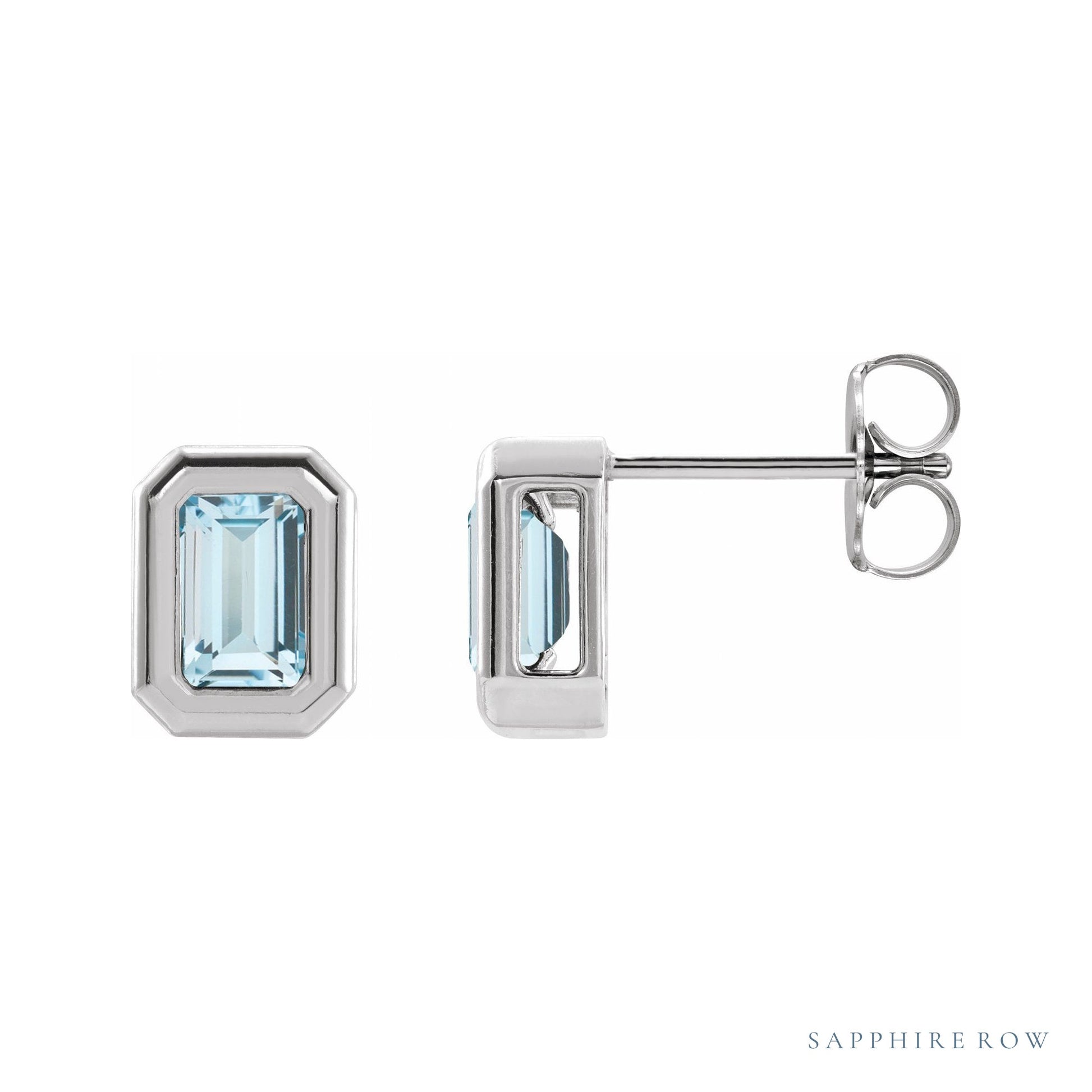 Sapphire Row Natural Gemstone Emerald-Cut Bezel Stud Earrings - Sky Blue Topaz, 14K White Gold