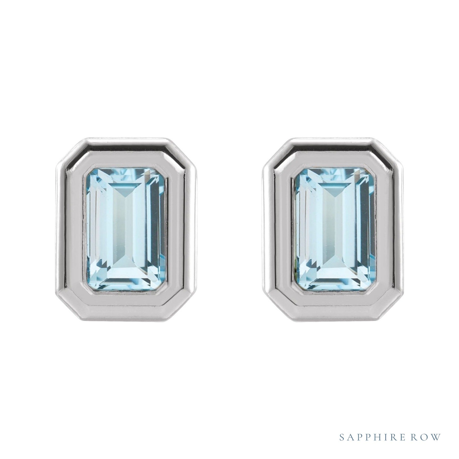 Sapphire Row Natural Gemstone Emerald-Cut Bezel Stud Earrings - Sky Blue Topaz, Platinum (view 2)