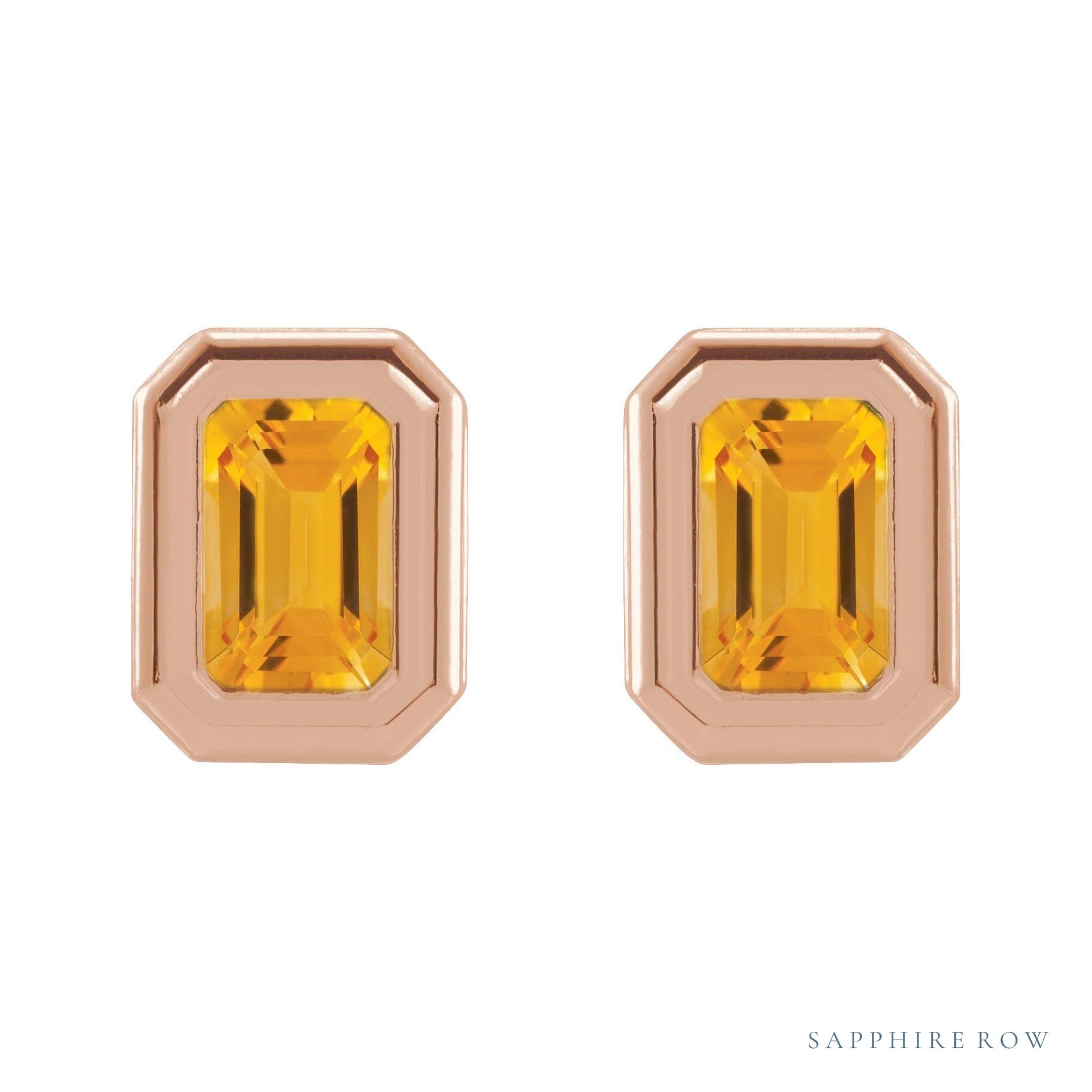 Sapphire Row Natural Gemstone Emerald-Cut Bezel Stud Earrings - Citrine, 14K Rose Gold (view 2)