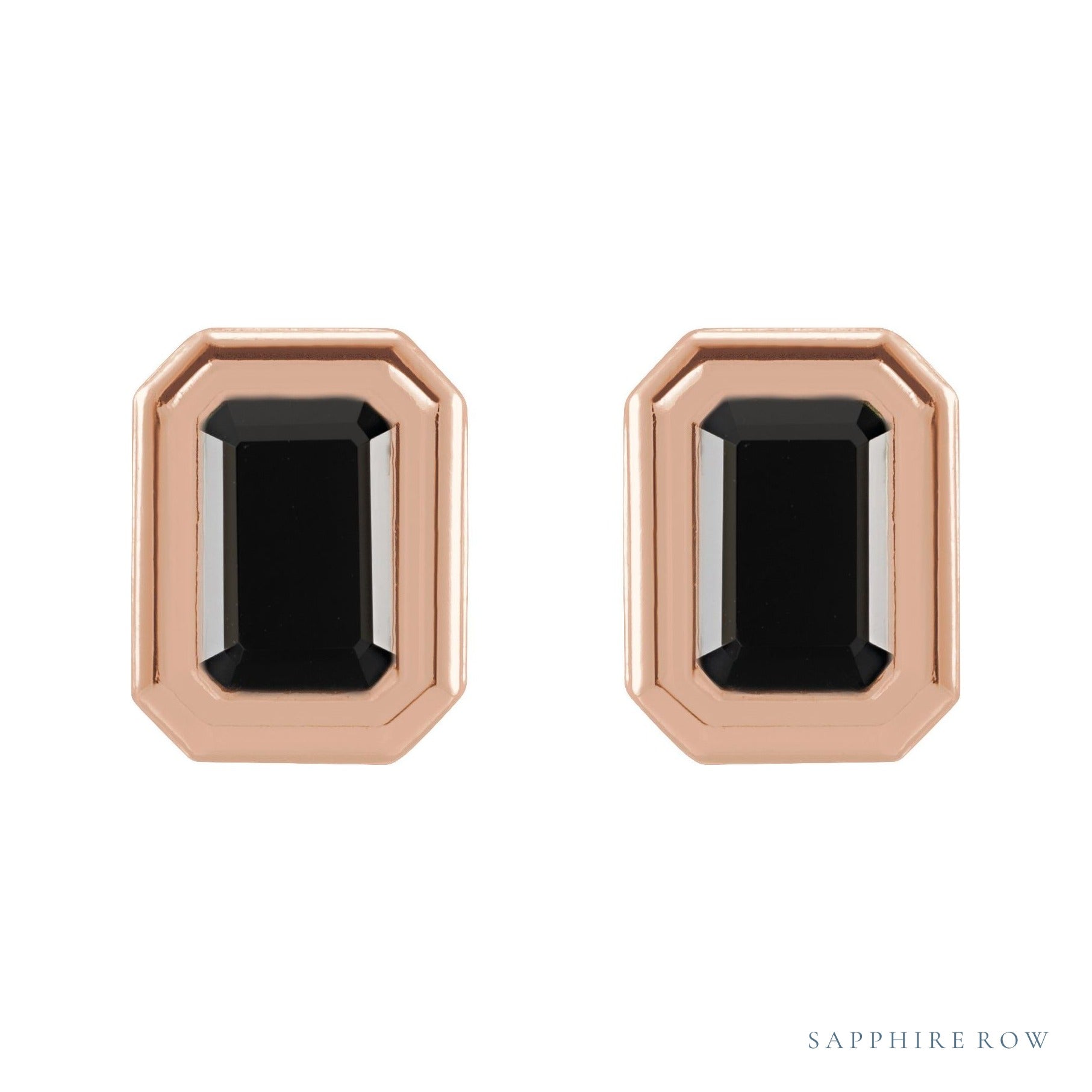 Sapphire Row Natural Gemstone Emerald-Cut Bezel Stud Earrings - Black Onyx, 14K Rose Gold (view 2)