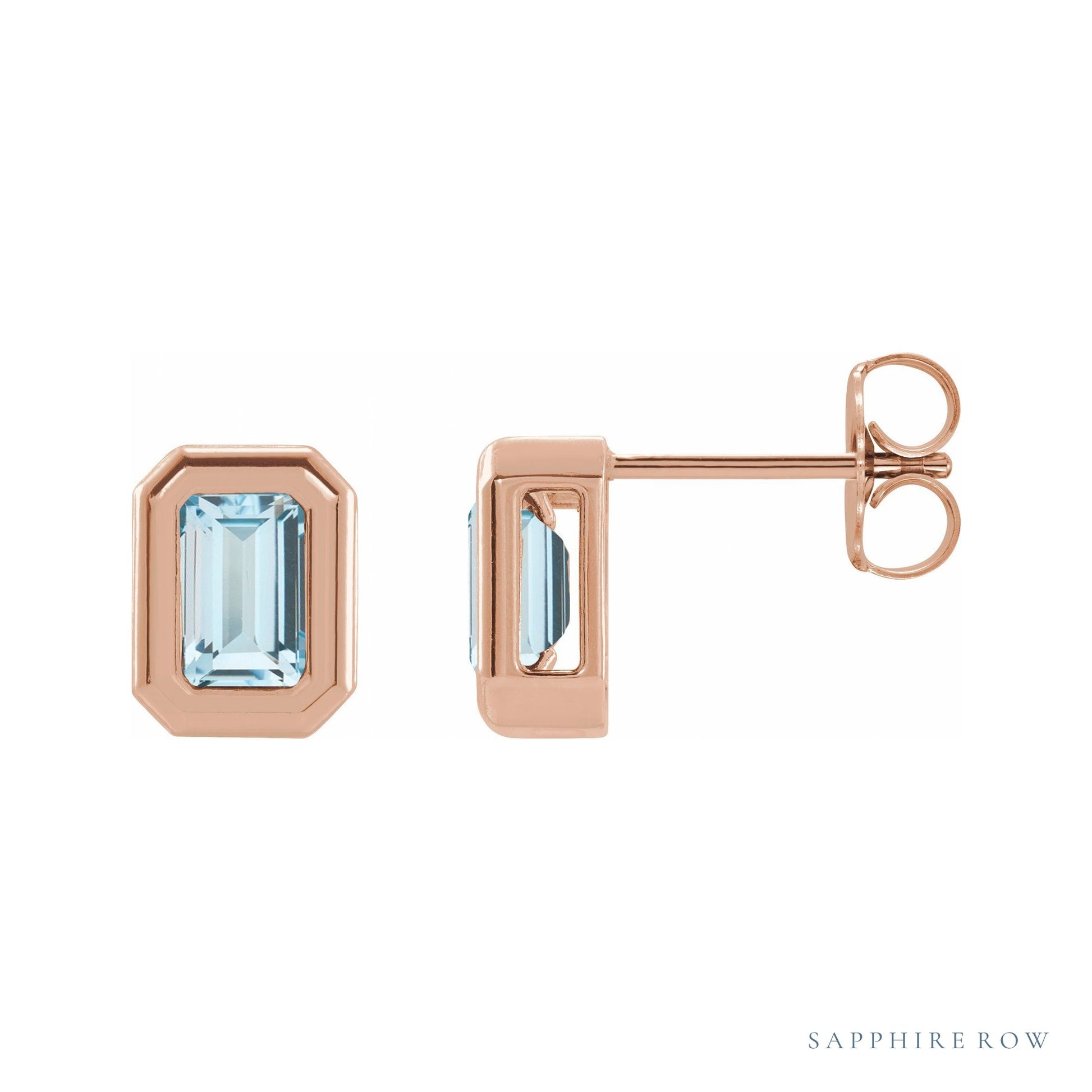 Sapphire Row Natural Gemstone Emerald-Cut Bezel Stud Earrings - Sky Blue Topaz, 14K Rose Gold