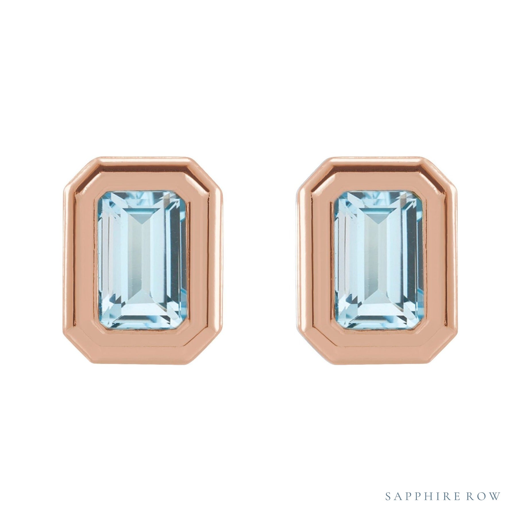 Sapphire Row Natural Gemstone Emerald-Cut Bezel Stud Earrings - Sky Blue Topaz, 14K Rose Gold (view 2)