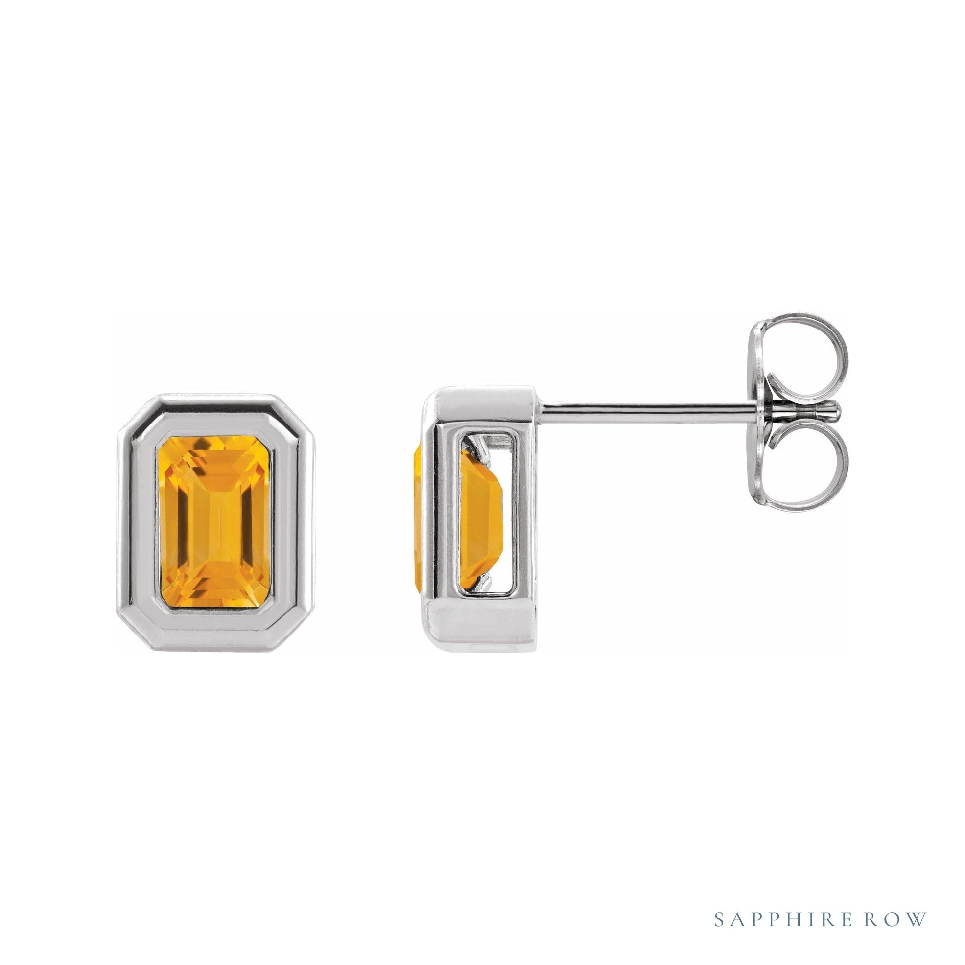 Sapphire Row Natural Gemstone Emerald-Cut Bezel Stud Earrings - Citrine, 14K White Gold
