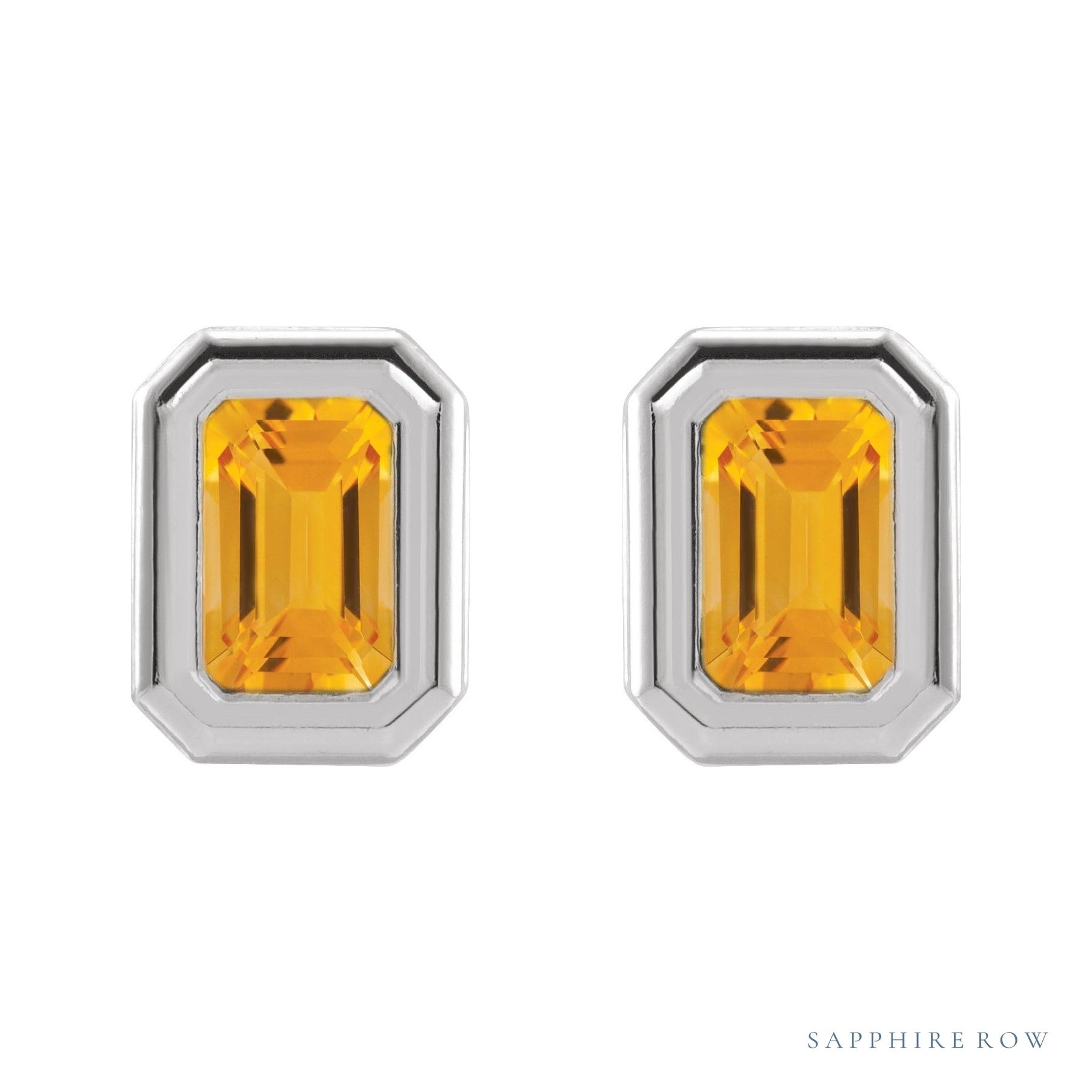 Sapphire Row Natural Gemstone Emerald-Cut Bezel Stud Earrings - Citrine, 14K White Gold (view 2)