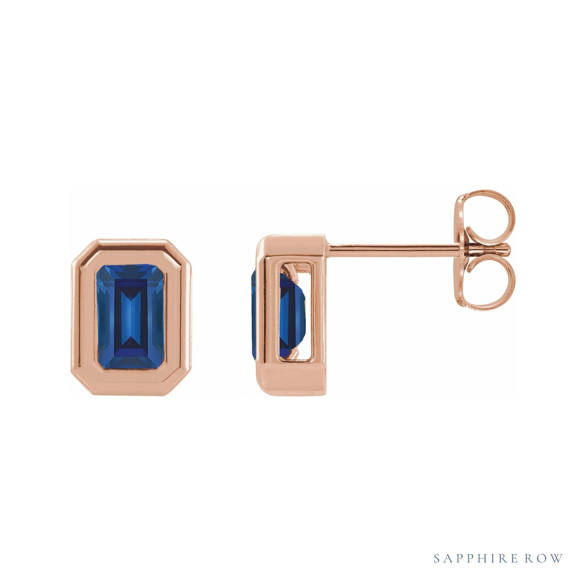 Sapphire Row Lab-Grown Blue Sapphire Emerald-Cut Stud Earrings - 14K Rose Gold