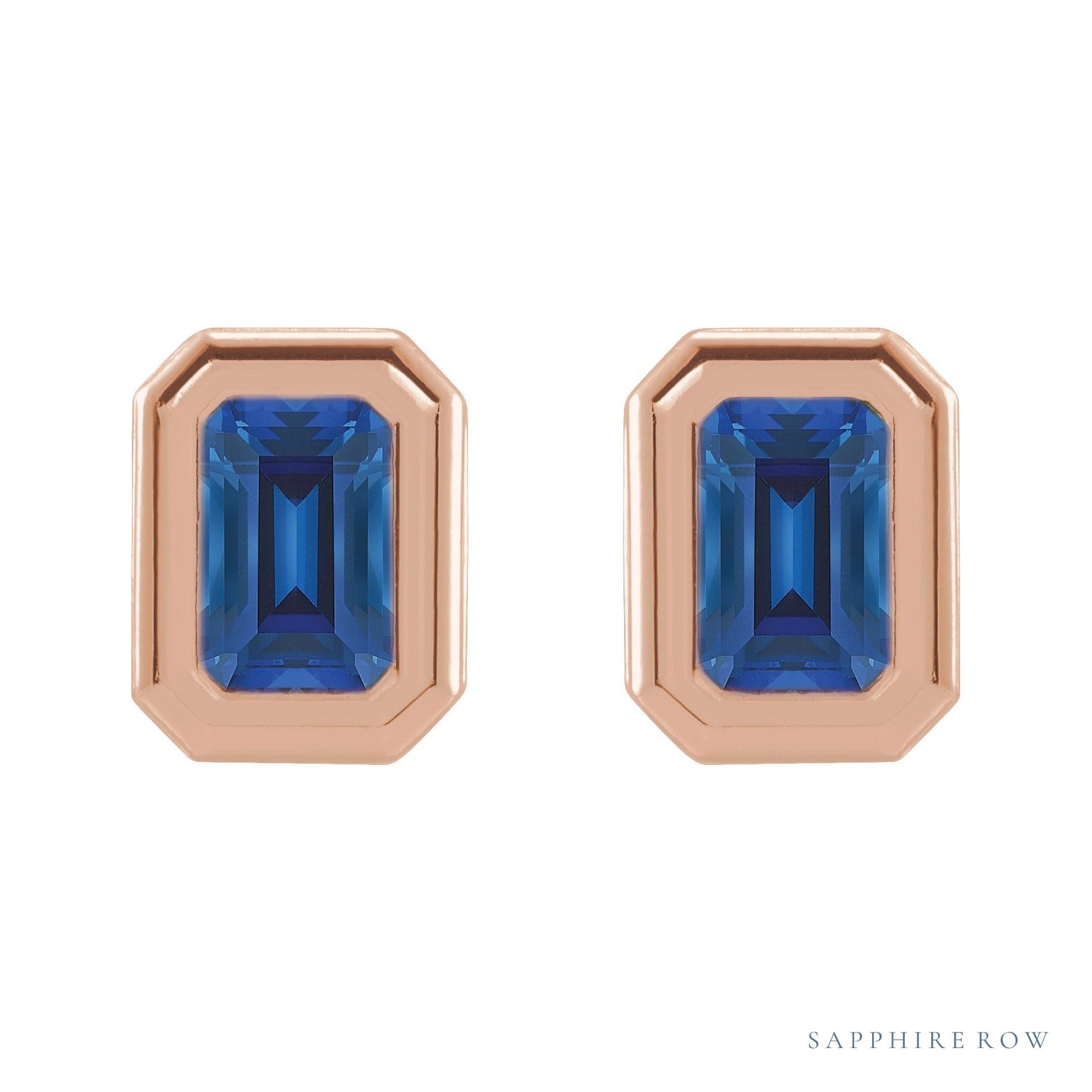 Sapphire Row Lab-Grown Blue Sapphire Emerald-Cut Stud Earrings - 14K Rose Gold (view 2)