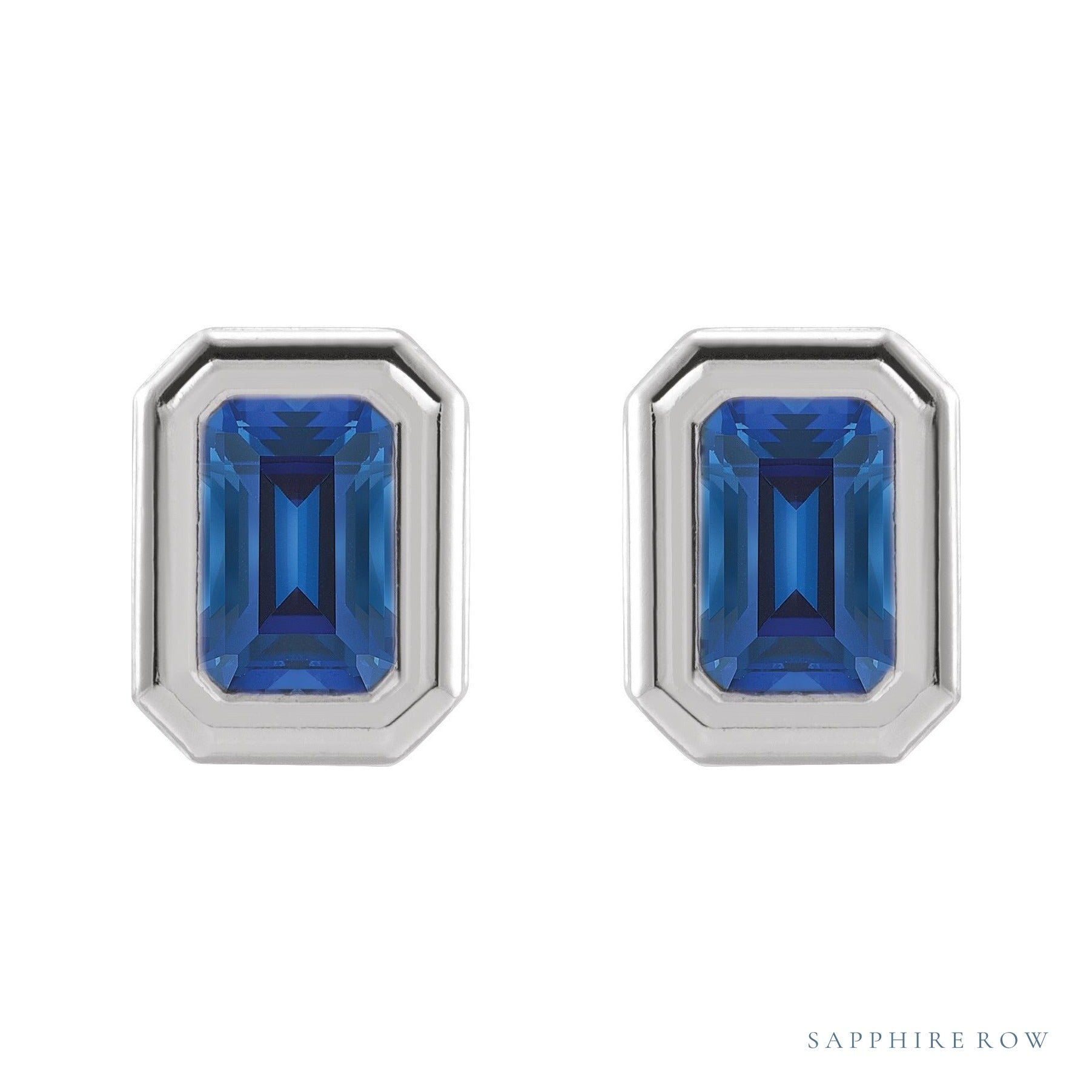 Sapphire Row Lab-Grown Blue Sapphire Emerald-Cut Stud Earrings - 14K White Gold (view 2)