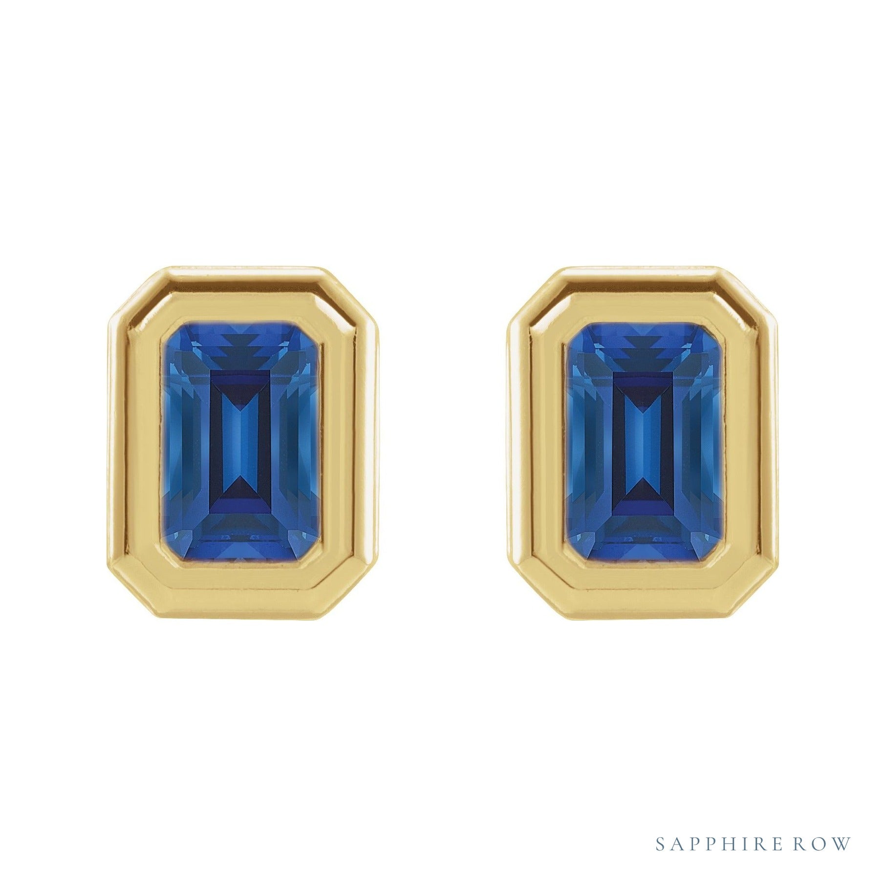 Sapphire Row Lab-Grown Blue Sapphire Emerald-Cut Stud Earrings - 14K Yellow Gold (view 2)