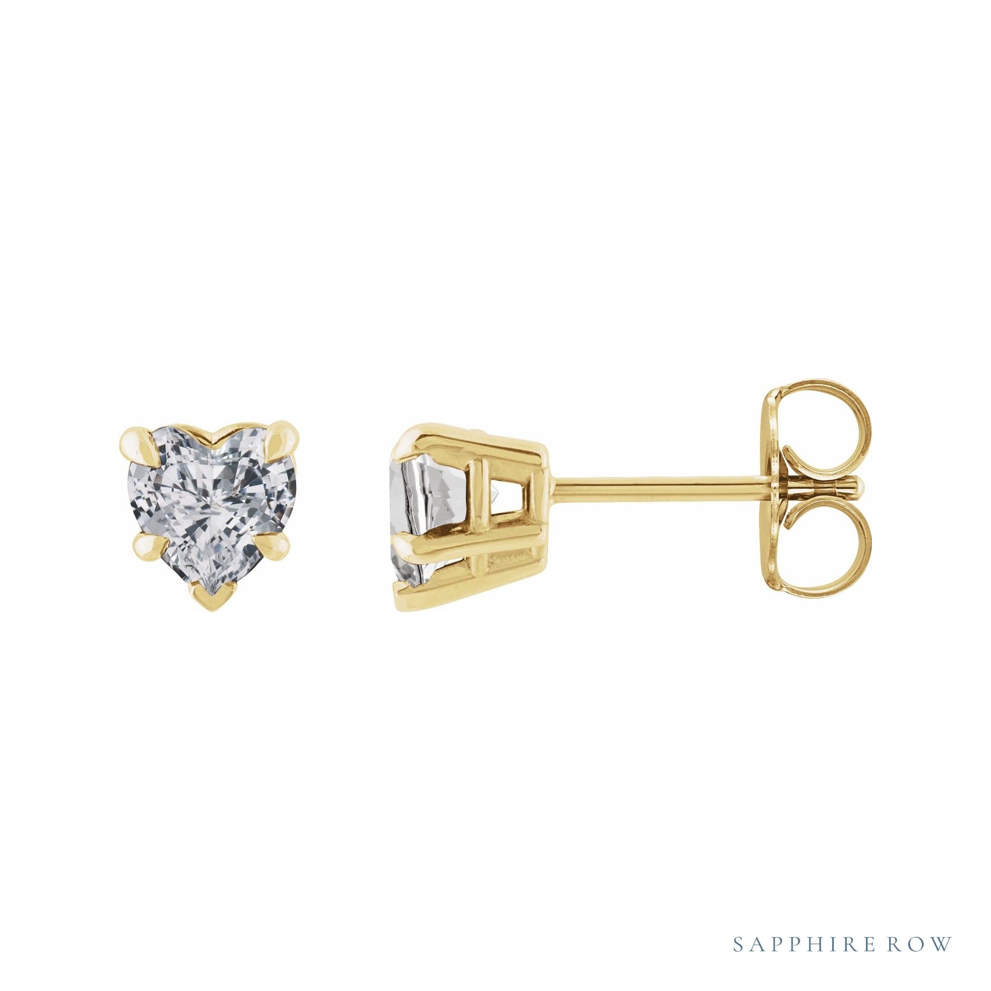 Sapphire Row Natural Gemstone Heart Stud Earrings - White Sapphire, 14K Yellow Gold