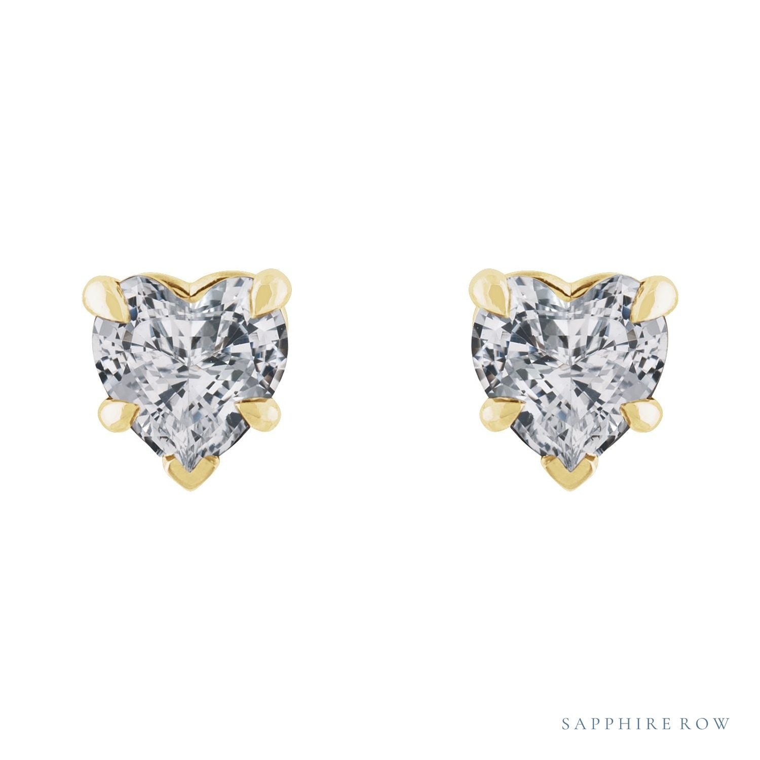 Sapphire Row Natural Gemstone Heart Stud Earrings - White Sapphire, 14K Yellow Gold (view 2)