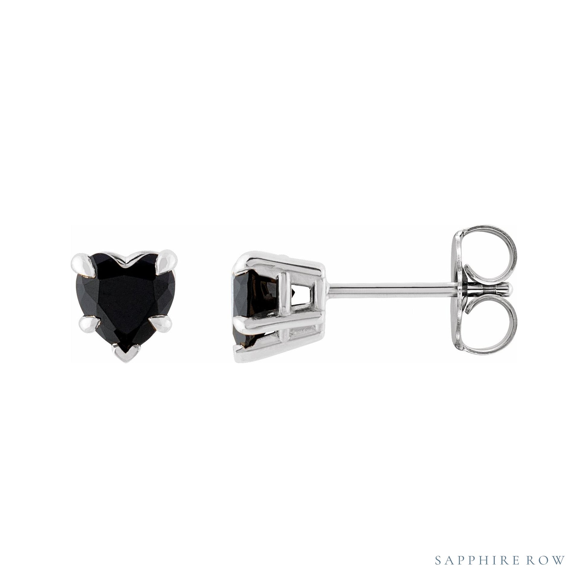 Sapphire Row Natural Gemstone Heart Stud Earrings - Black Onyx, Platinum