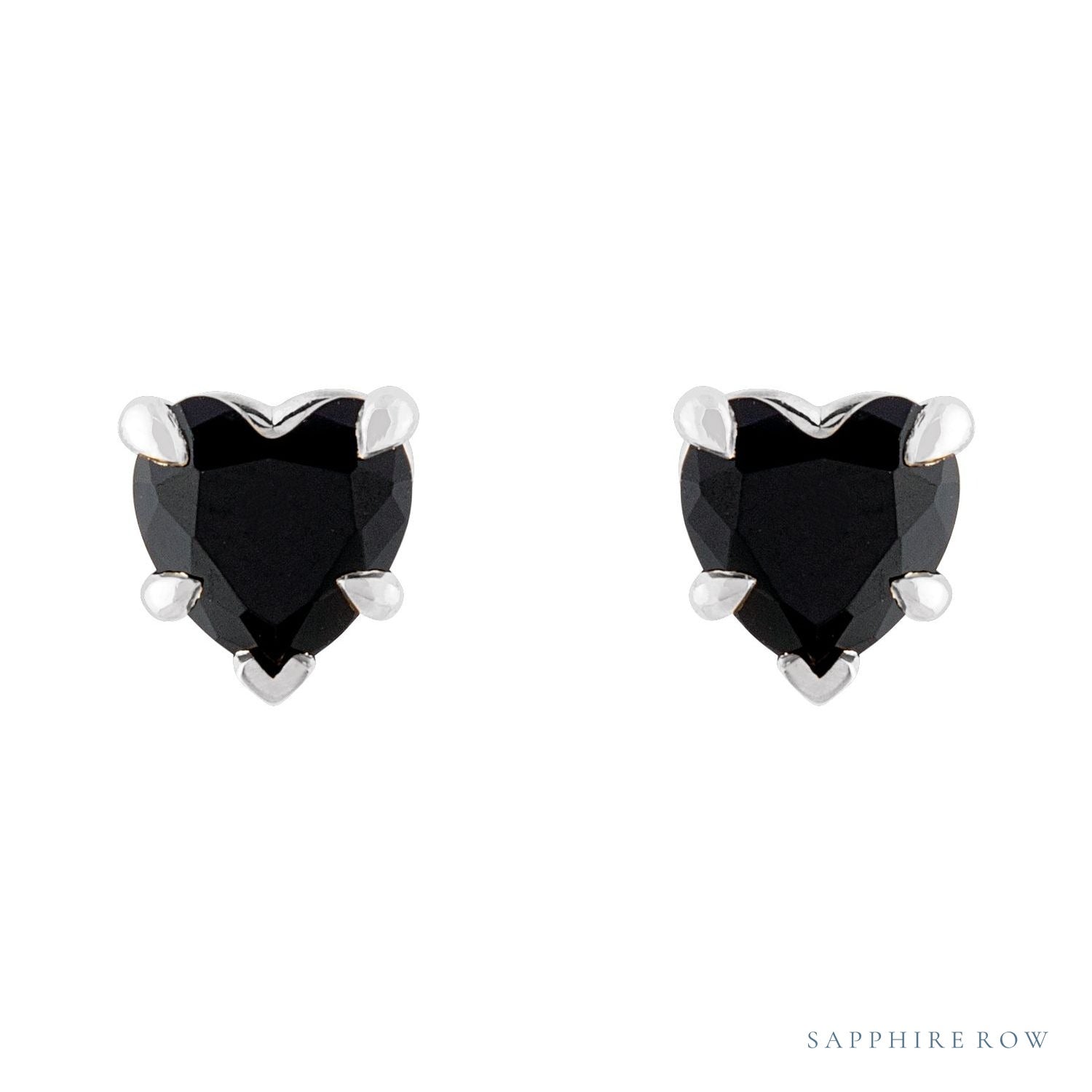 Sapphire Row Natural Gemstone Heart Stud Earrings - Black Onyx, Platinum (view 2)
