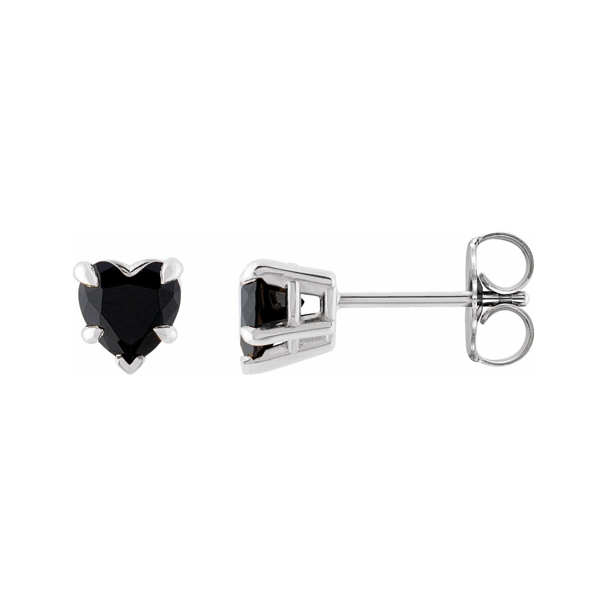 Sapphire Row Natural Gemstone Heart Stud Earrings - Black Onyx, 14K White Gold
