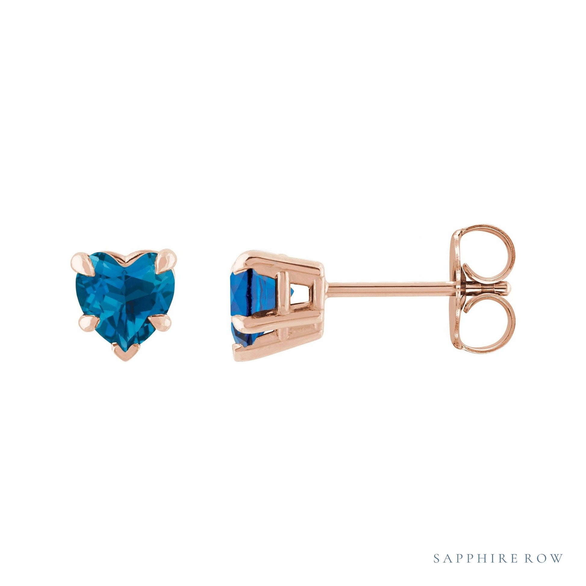 Sapphire Row Natural Gemstone Heart Stud Earrings - London Blue Topaz, 14K Rose Gold