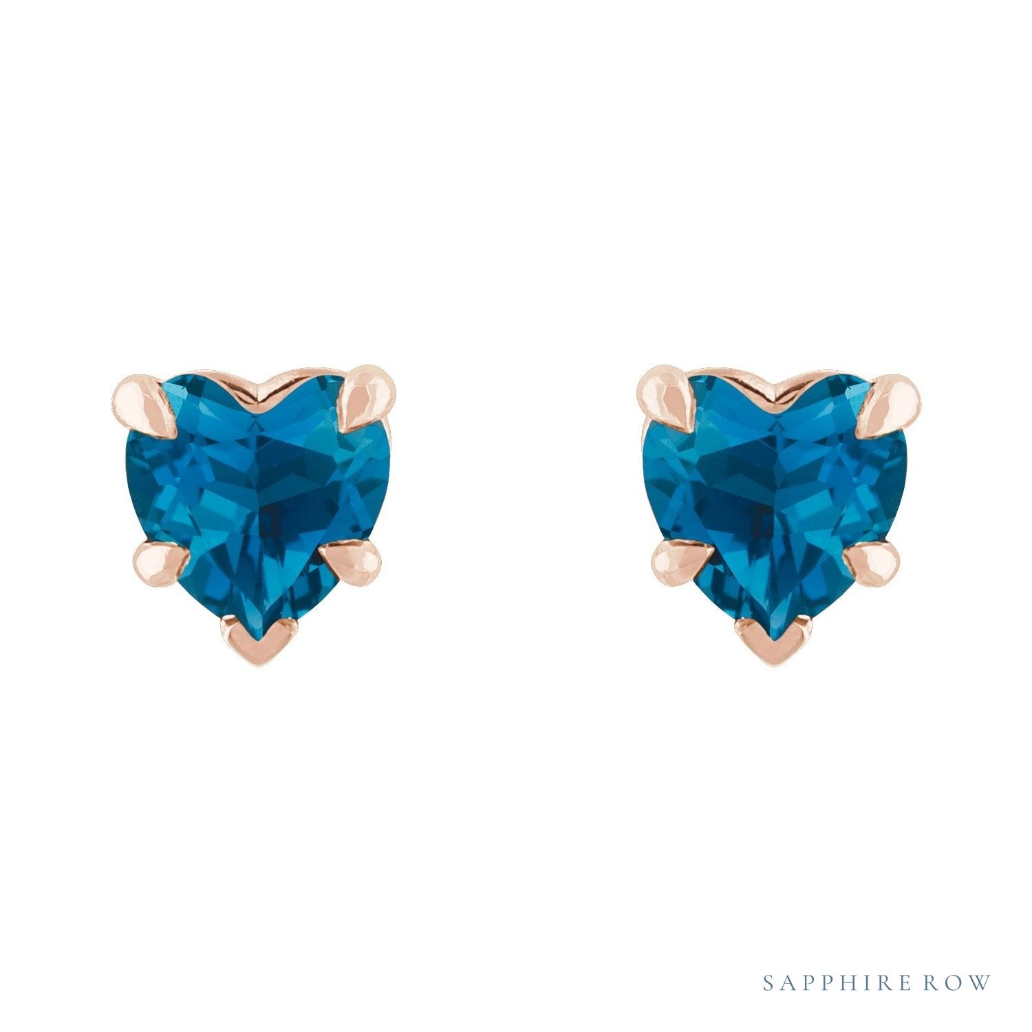 Sapphire Row Natural Gemstone Heart Stud Earrings - London Blue Topaz, 14K Rose Gold (view 2)
