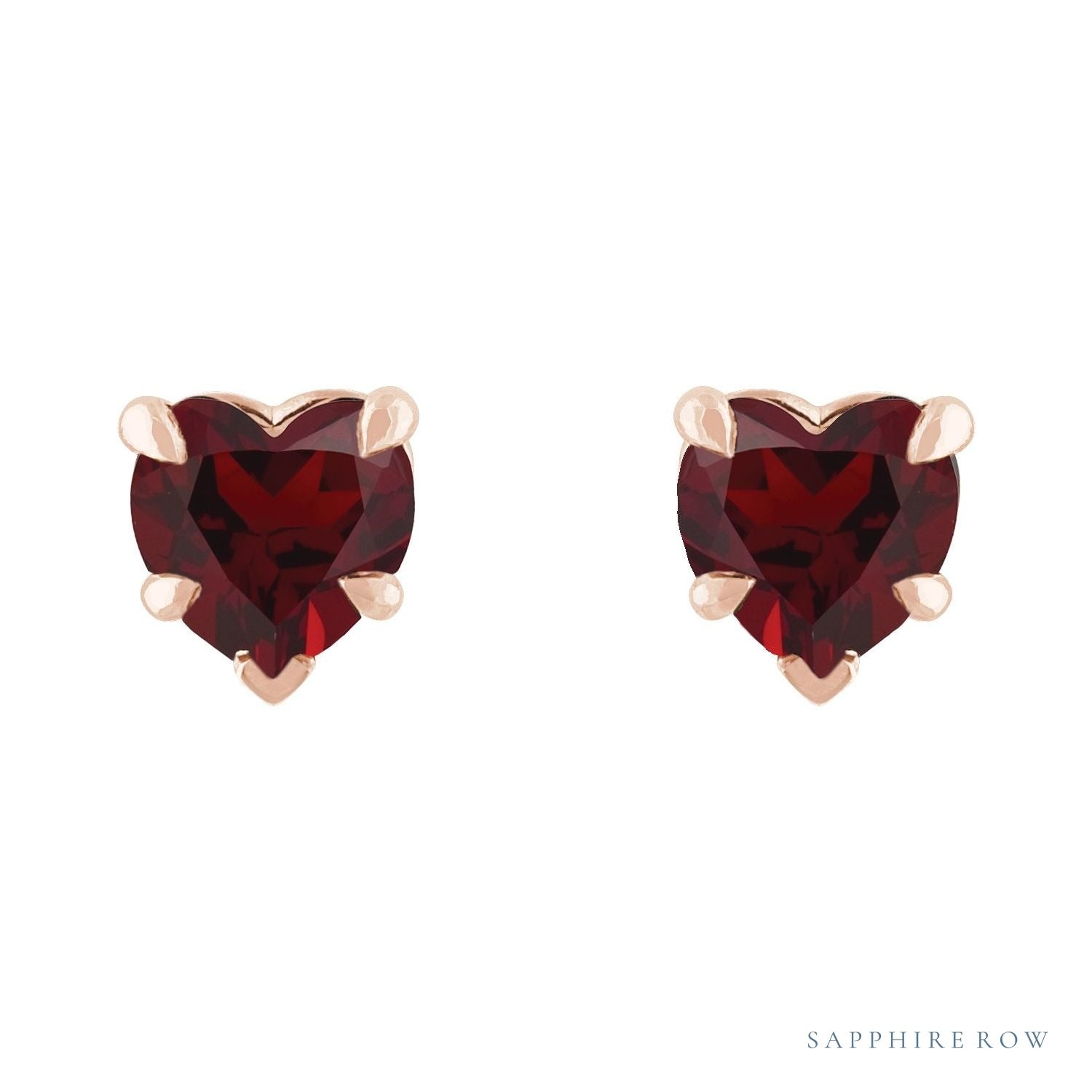 Sapphire Row Natural Gemstone Heart Stud Earrings - Mozambique Garnet, 14K Rose Gold (view 2)