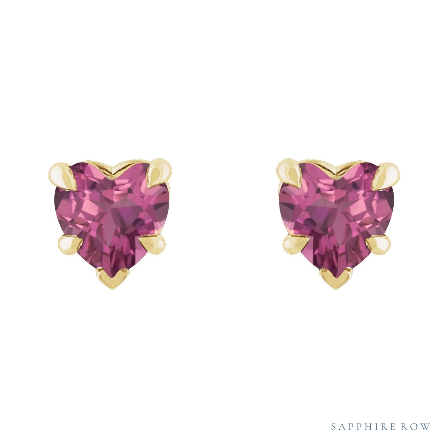 Sapphire Row Natural Gemstone Heart Stud Earrings - Pink Tourmaline, 14K Yellow Gold (view 2)
