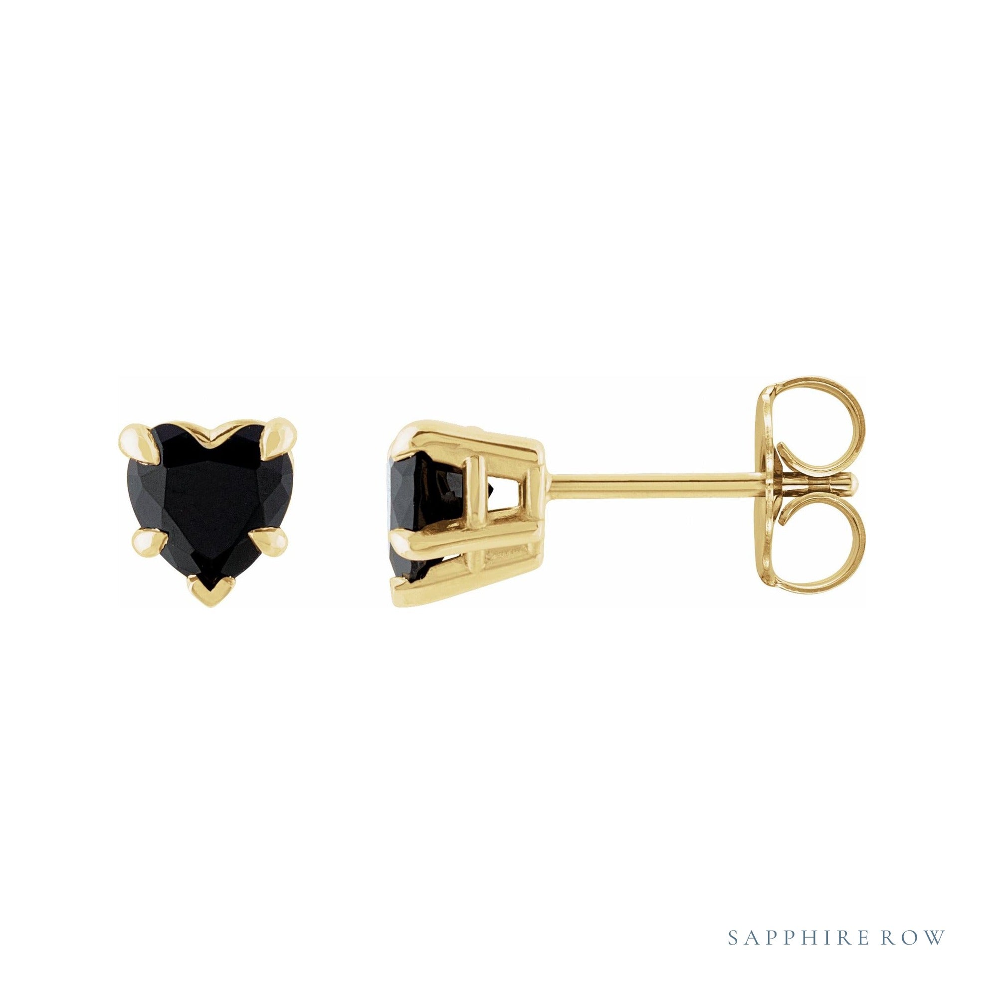 Sapphire Row Natural Gemstone Heart Stud Earrings - Black Onyx, 14K Yellow Gold