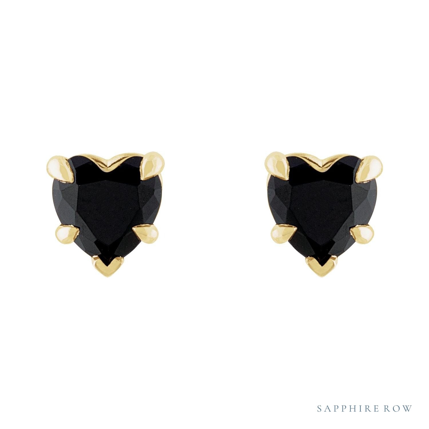 Sapphire Row Natural Gemstone Heart Stud Earrings - Black Onyx, 14K Yellow Gold (view 2)