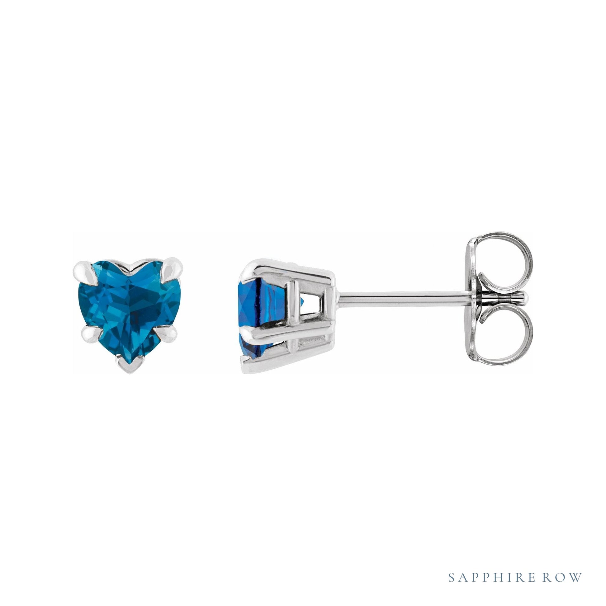 Sapphire Row Natural Gemstone Heart Stud Earrings - London Blue Topaz, Platinum