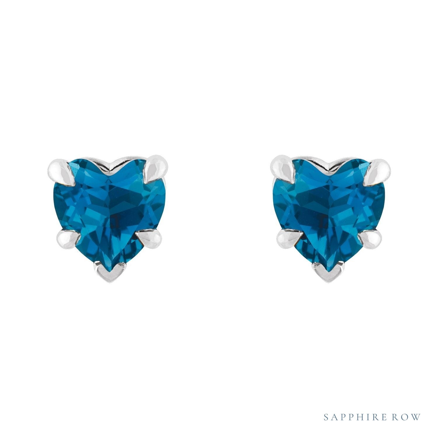 Sapphire Row Natural Gemstone Heart Stud Earrings - London Blue Topaz, Platinum (view 2)