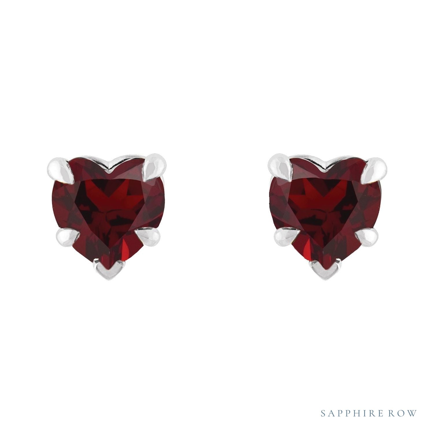 Sapphire Row Natural Gemstone Heart Stud Earrings - Mozambique Garnet, Platinum (view 2)
