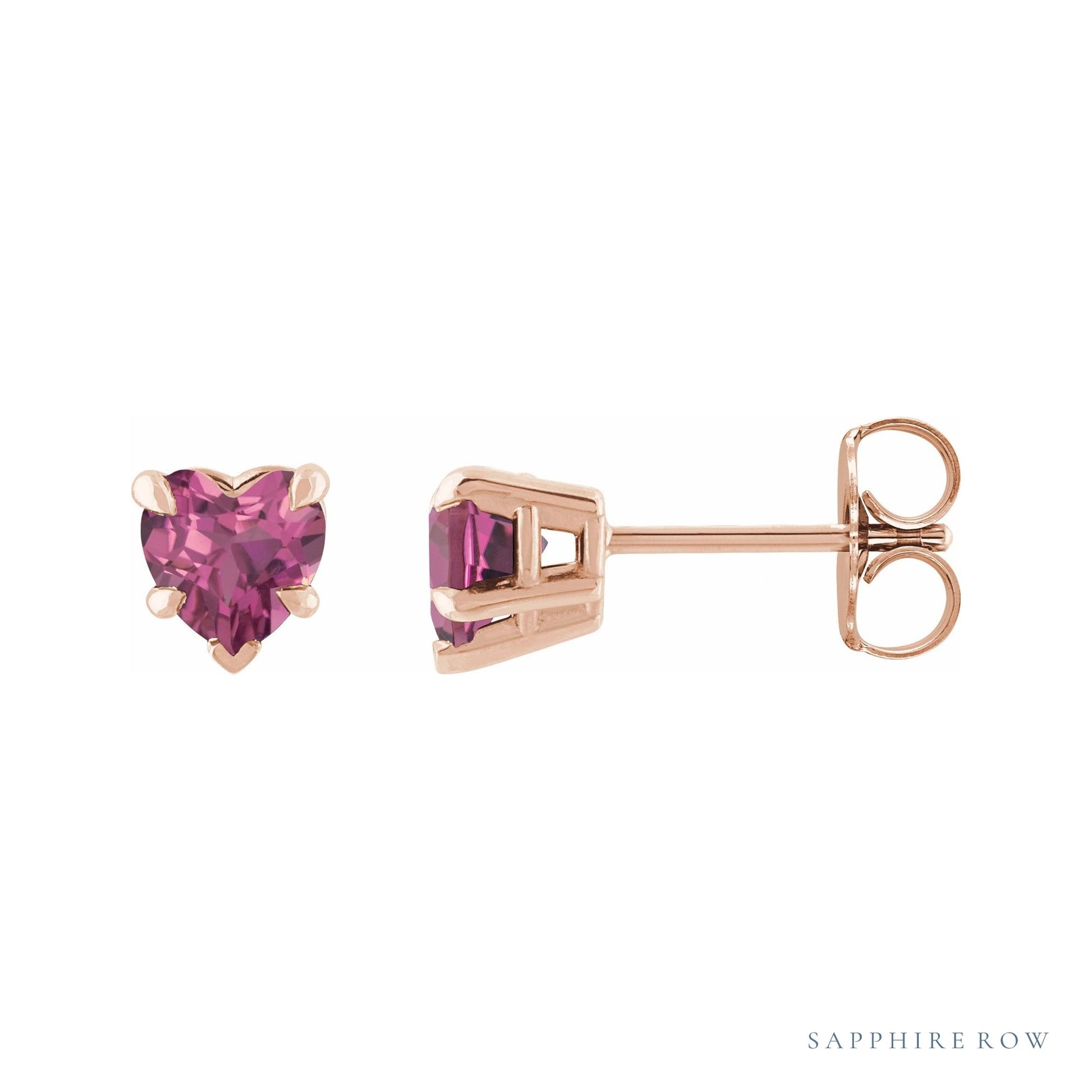 Sapphire Row Natural Gemstone Heart Stud Earrings - Pink Tourmaline, 14K Rose Gold