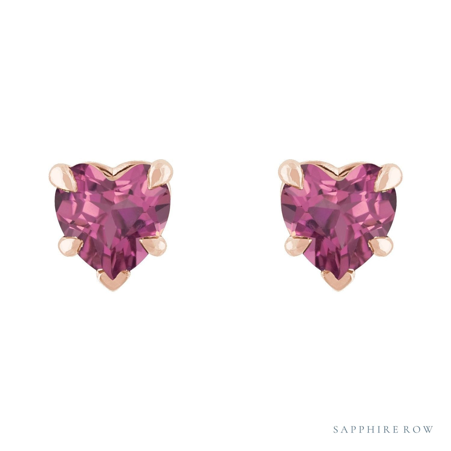 Sapphire Row Natural Gemstone Heart Stud Earrings - Pink Tourmaline, 14K Rose Gold (view 2)