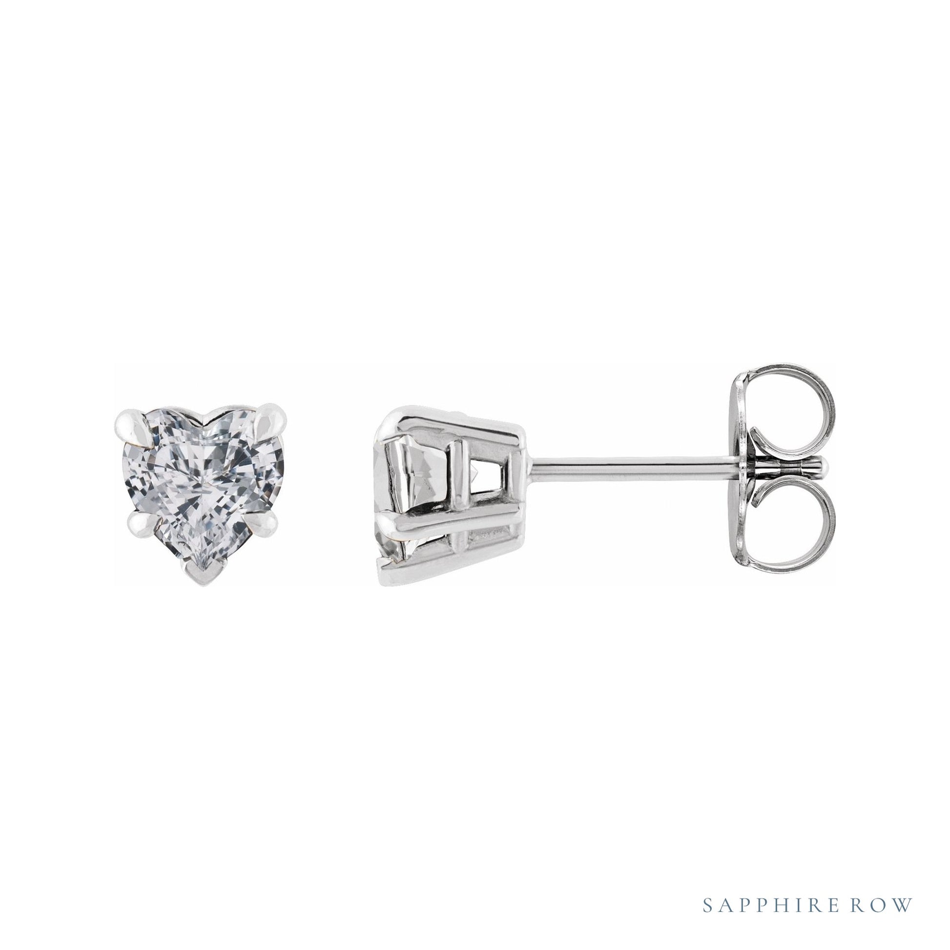 Sapphire Row Natural Gemstone Heart Stud Earrings - White Sapphire, 14K White Gold