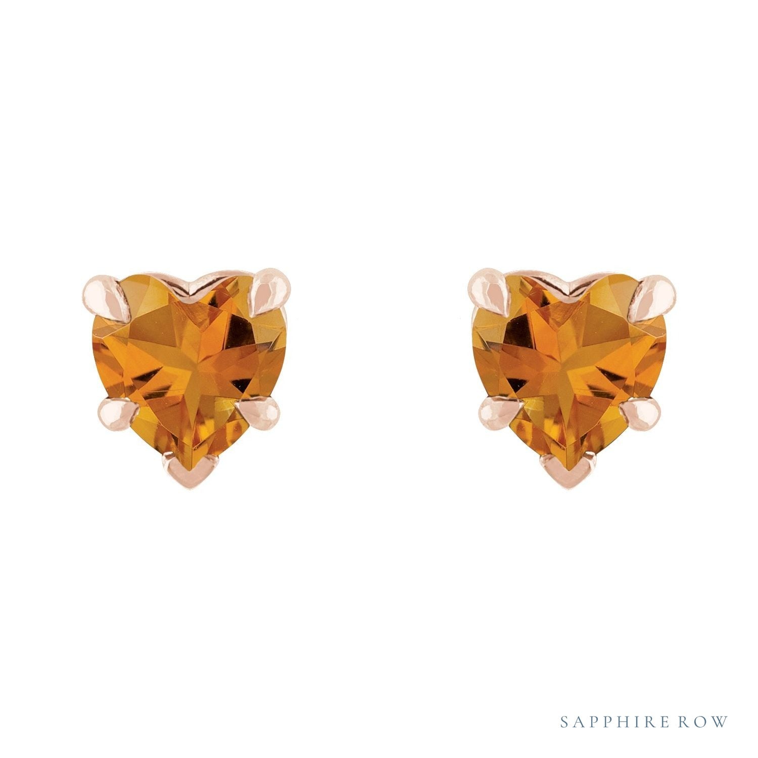 Sapphire Row Natural Gemstone Heart Stud Earrings - Citrine, 14K Rose Gold (view 2)